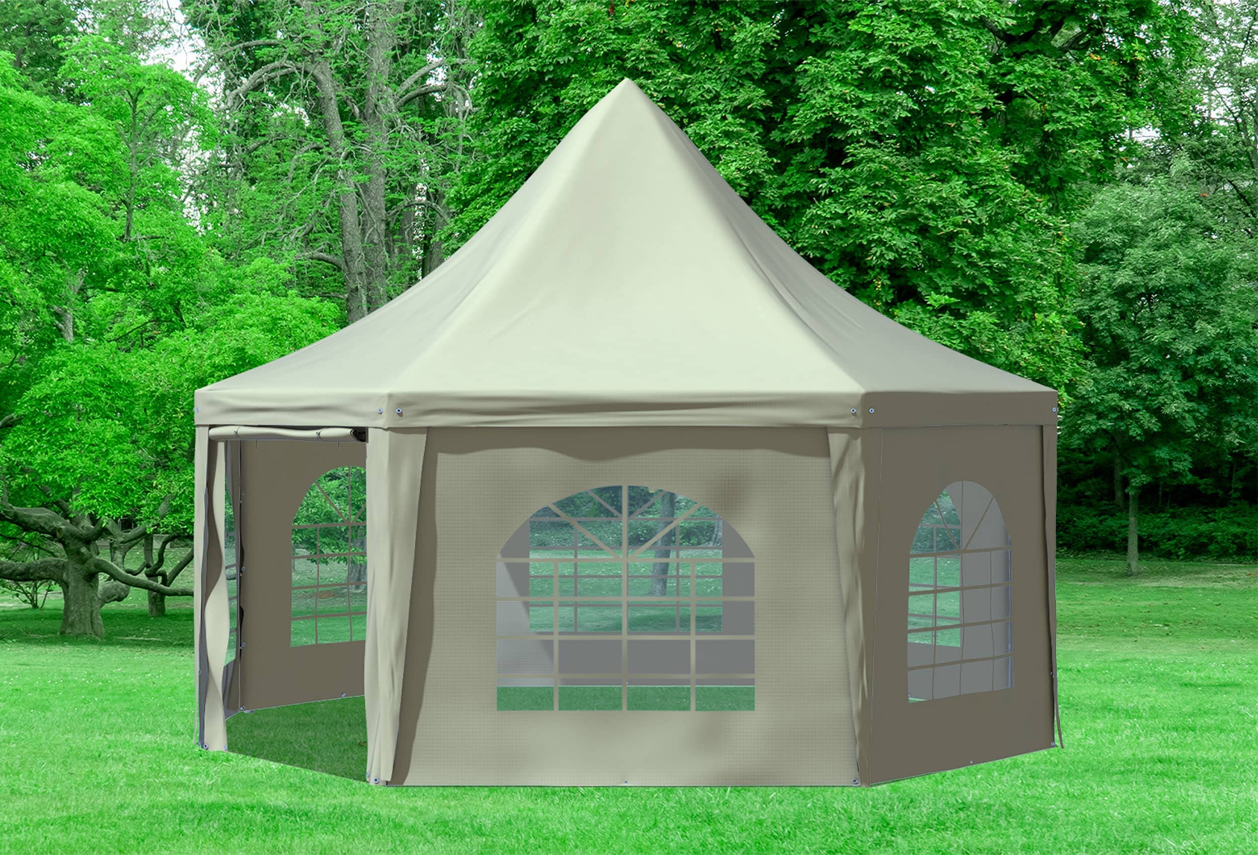 Stabilezelte Gartenpavillon 5x6,8m mit Seitenteilen Arabica Pagodenzelt 8-eck PVC BEIGE