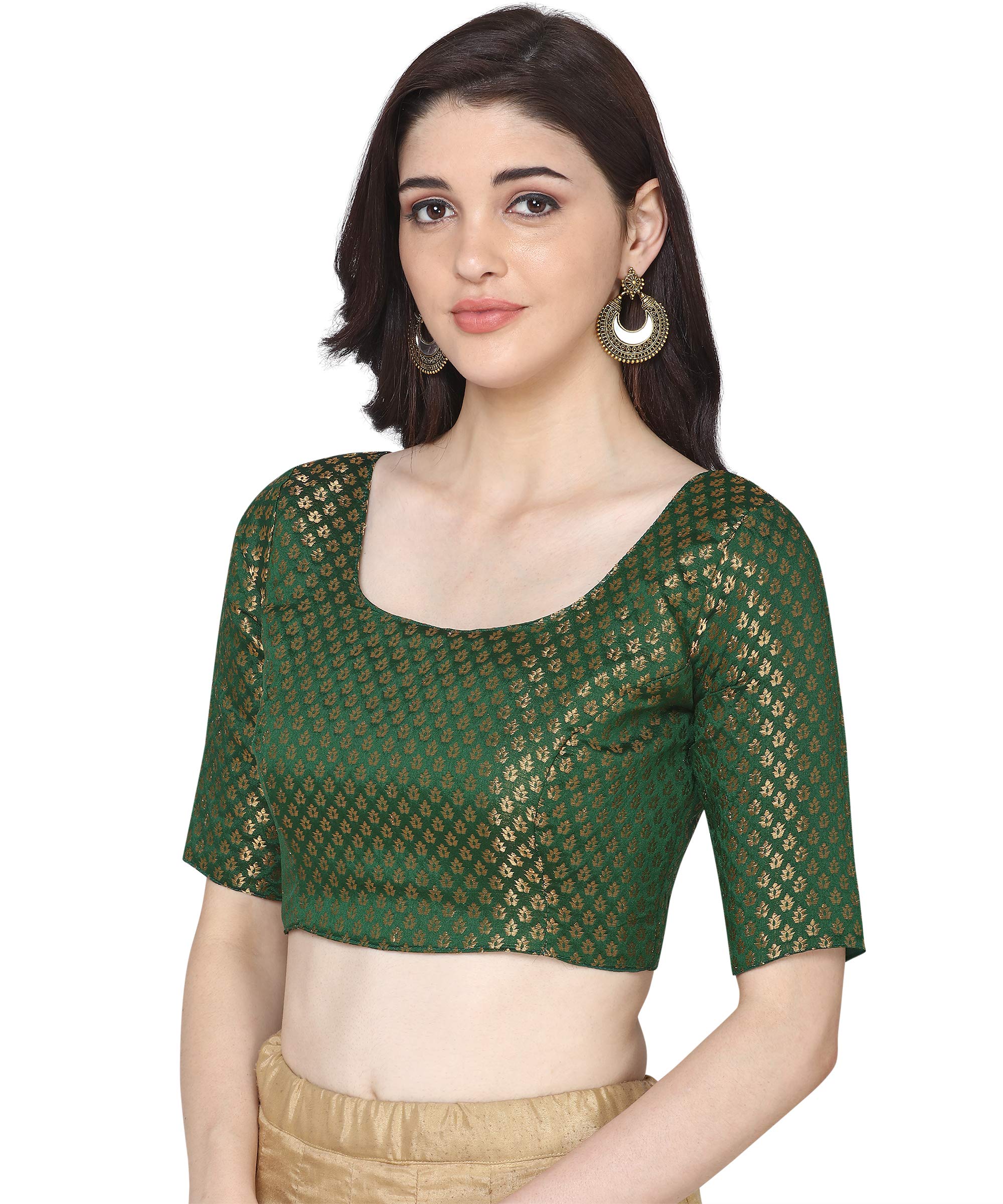 Oomph Women's Art Silk 3/4 Sleeve Fitted Saree Blouse (Group 42_Emerald Green S)