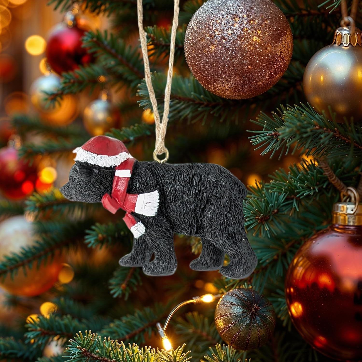 Walking Black Bear with Santa Hat & Scarf Ornament – Resin Woodland Christmas Tree Decoration, Rustic Cabin Holiday Decor, Festive Wildlife Figurine for Home, Lodge, or Office – Gift for Nature Lovers - Image 3