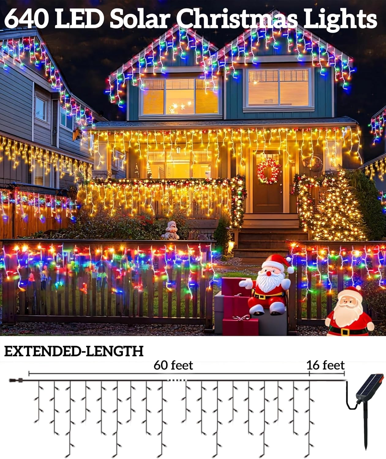 Solar Christmas Lights Outdoor 640LED 16Ft+60Ft, Color Changing Solar Icicle Lights Waterproof with 13 Modes Rechargeable for Outside Roof Fence Christmas Decorations