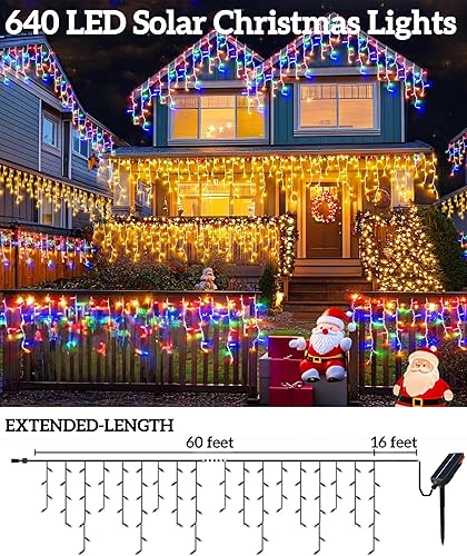 Miniatura 5 de Luces solares de Navidad para exteriores, 640 LED, 16 pies + 60 pies, luces solares de carámbano que cambian de color, impermeables, con 13 modos de