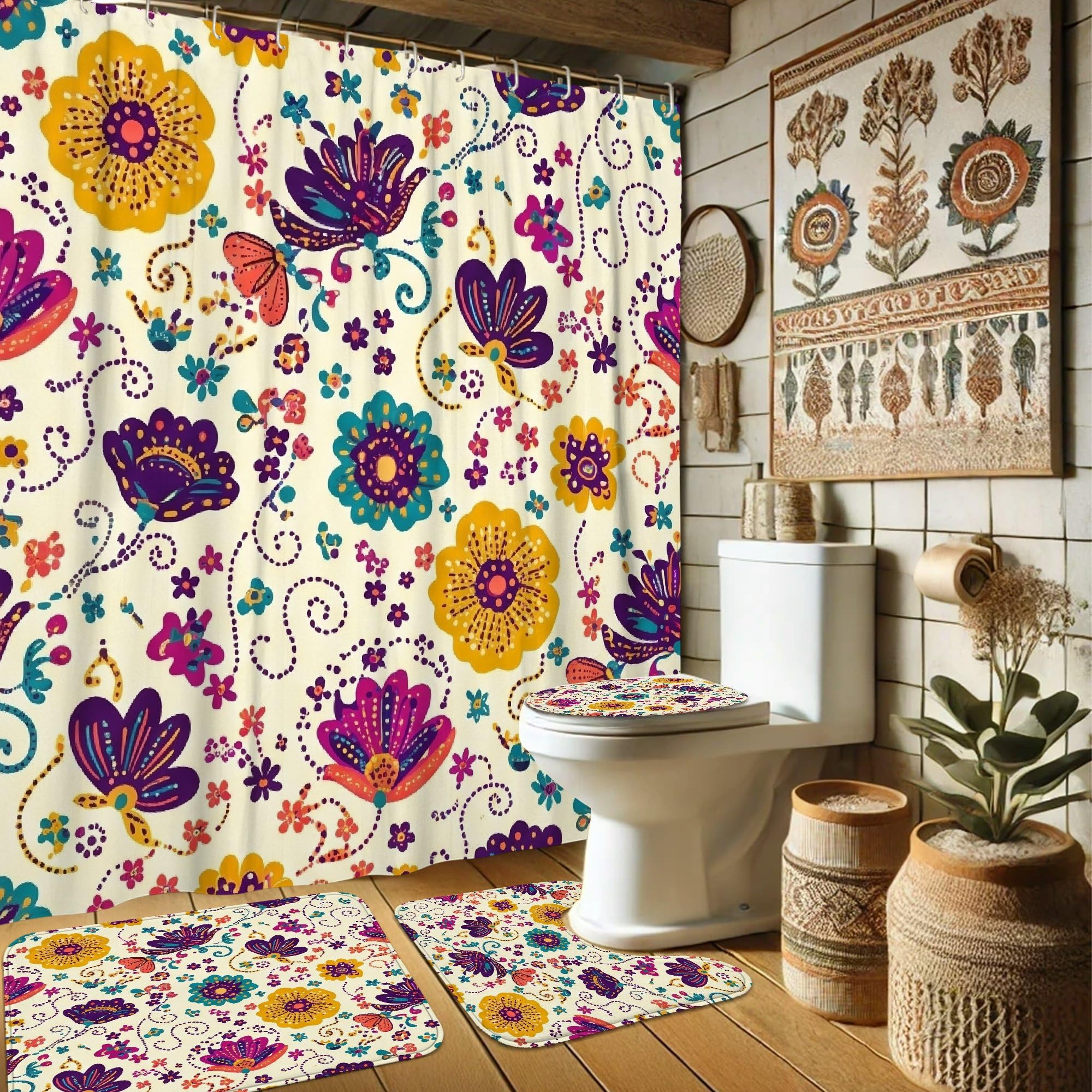 Rideau de douche jaune lavable fini les sols mouillés avec tapis de bain floral 183x183