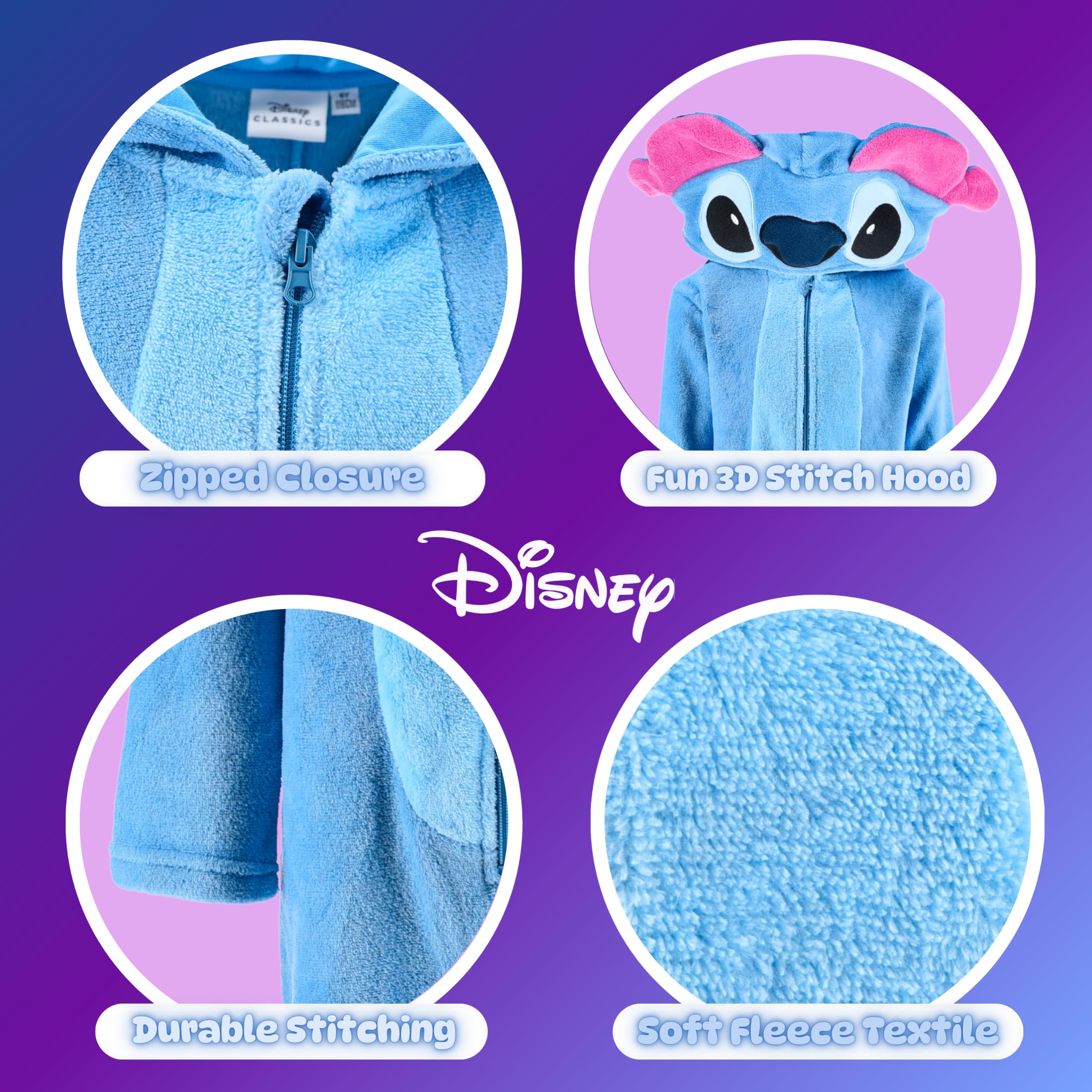 Disney Stitch Pyjama pour Fille, Pyjama Une Pièce à Capuche 3D en Polaire Douce, Cadeau pour Filles et Adolescents, Tailles 6 à 12 Ans