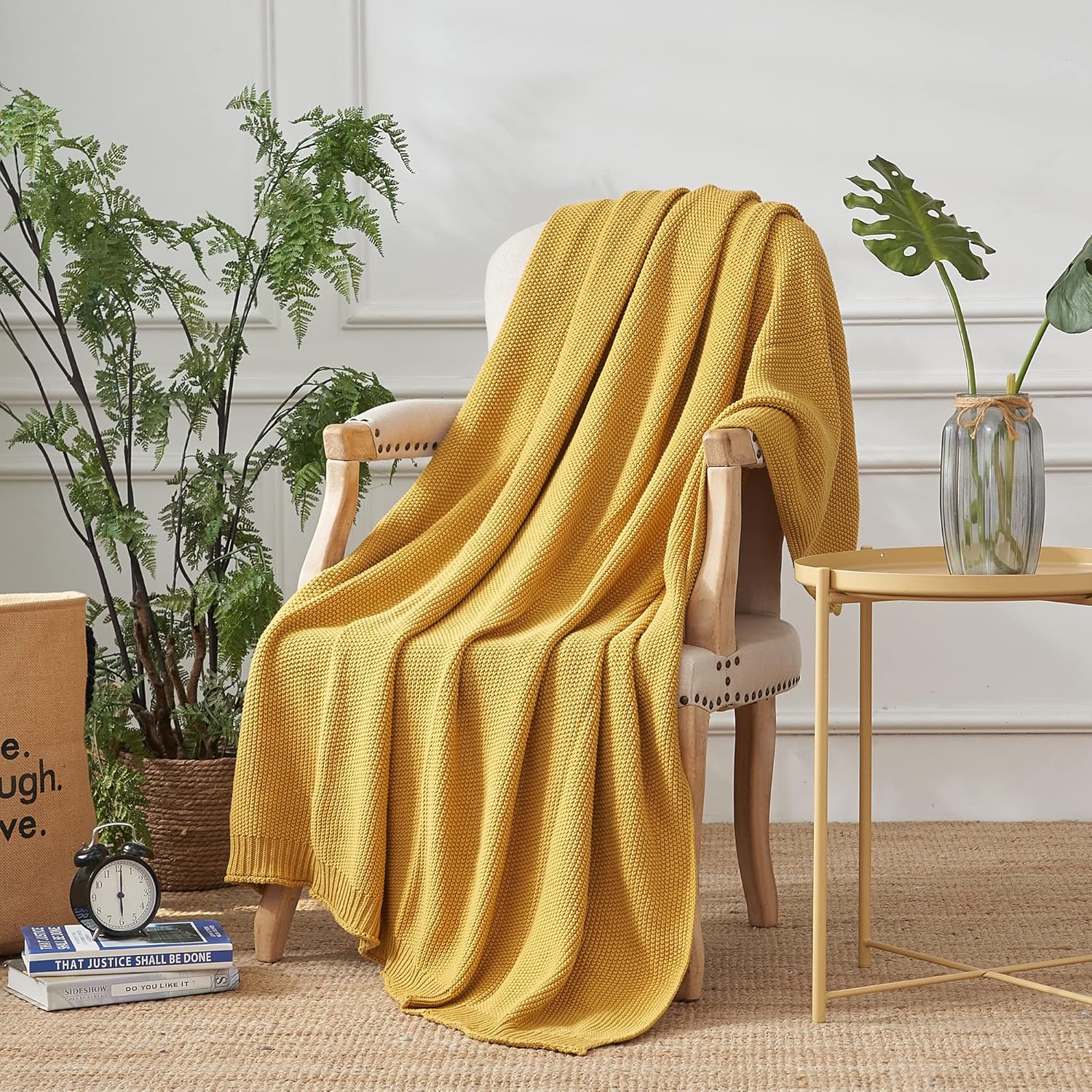 Longhui bedding Mustard Yellow Cotton Cable Knit Throw Blanket for Couch Sofa Bed, Home Decorative Lightweight Knitted Blankets with Bonus Laundering Bag, 60“ x 80”, Machine Washable - Image 6