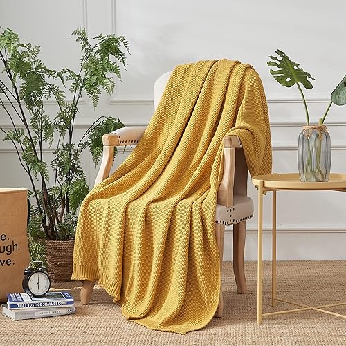 Miniatura 6 de Longhui bedding Manta de punto trenzado de algodón amarillo mostaza para sofá, cama, manta de punto ligera decorativa para el hogar con bolsa de