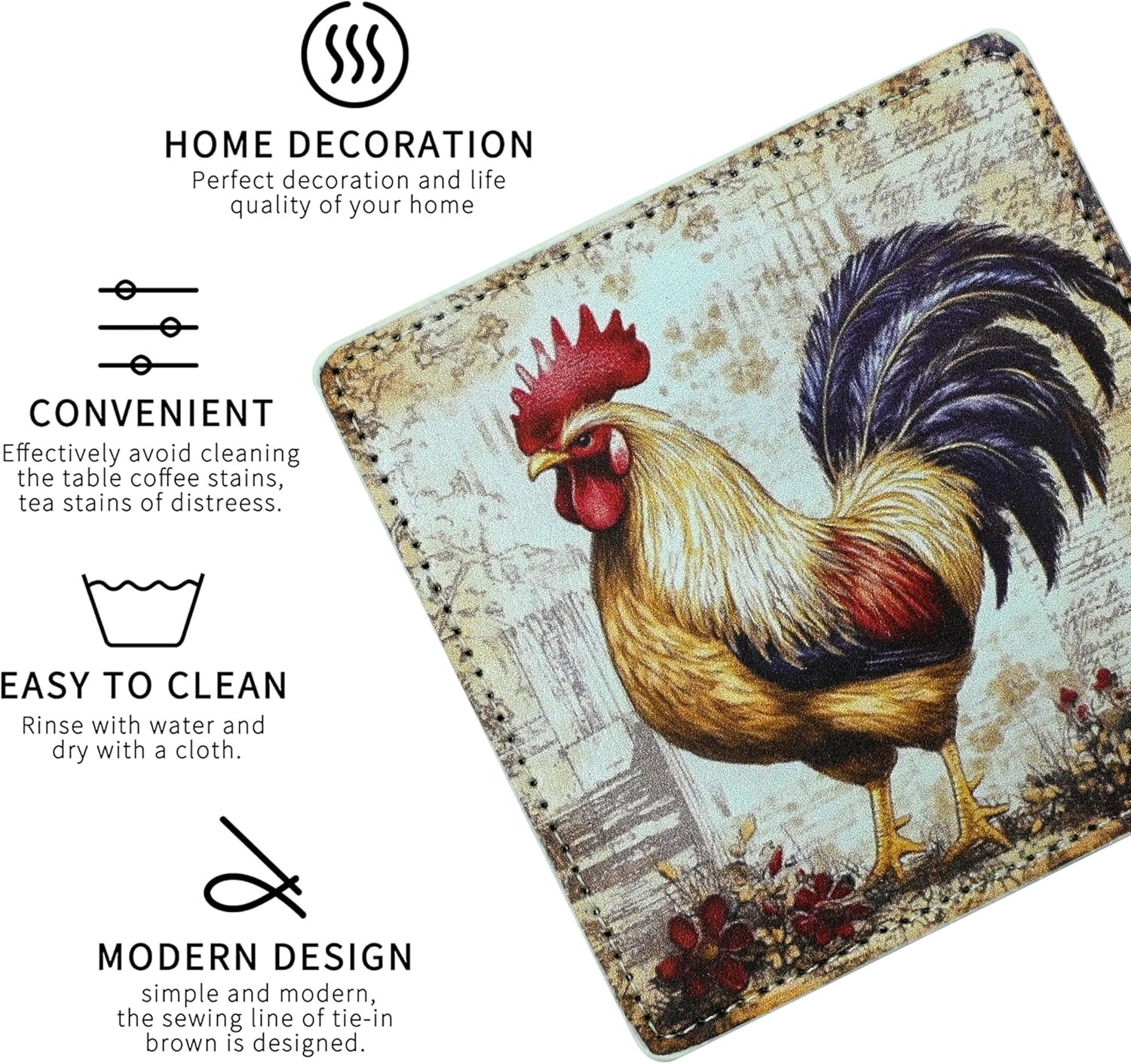 Rooster Coasters Square Leather Drinks Coaster Set with Holder for Coffee Table Bar Home Decor 4 Inches Set of 6 - Image 3