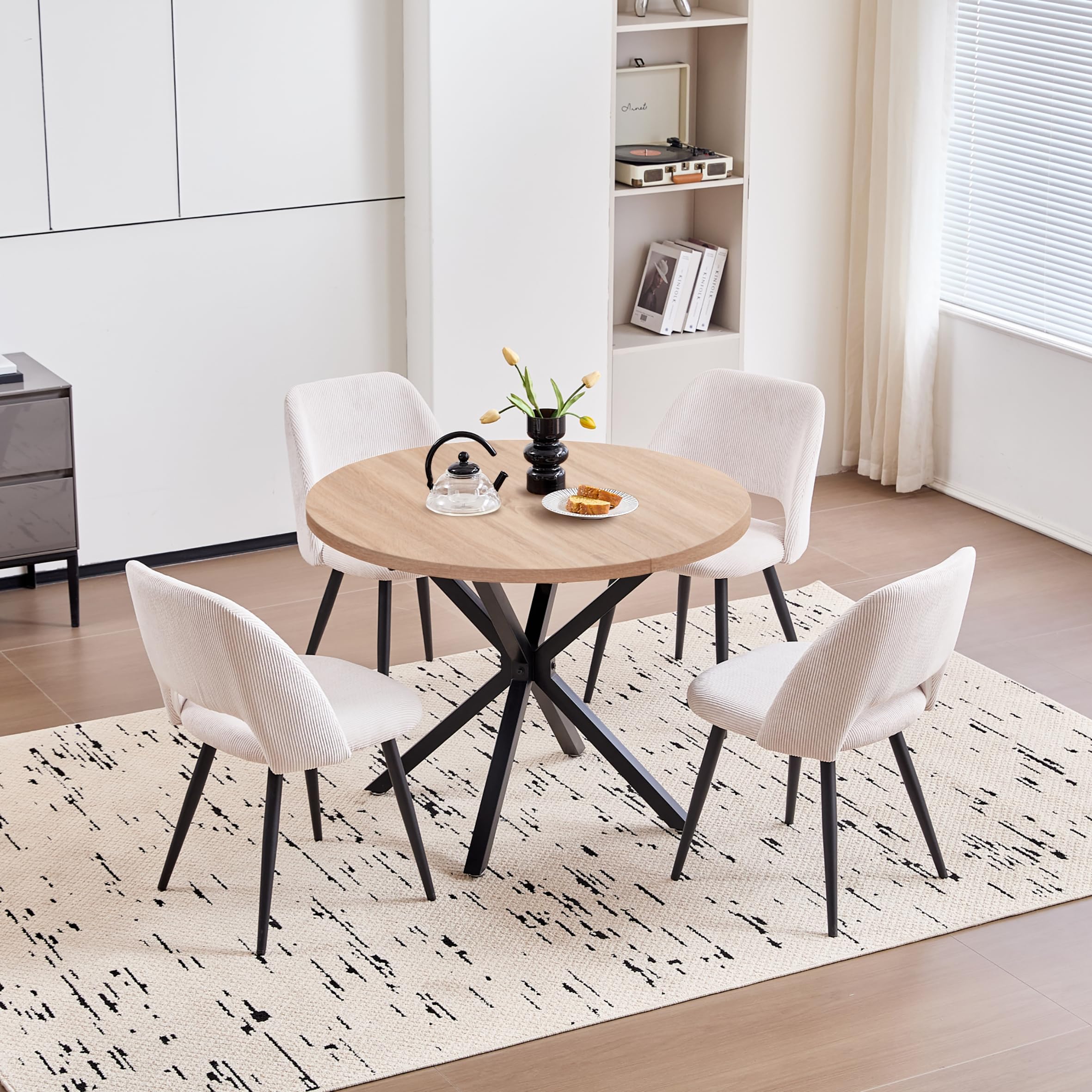 Mesa de Comedor Redonda Moderna con Tablero de MDF, Patas de Metal Negro, Adecuada para Salón, Cocina, Comedor, Mesa de Comedor Nórdica, 100 cm - Textura de Roble Claro