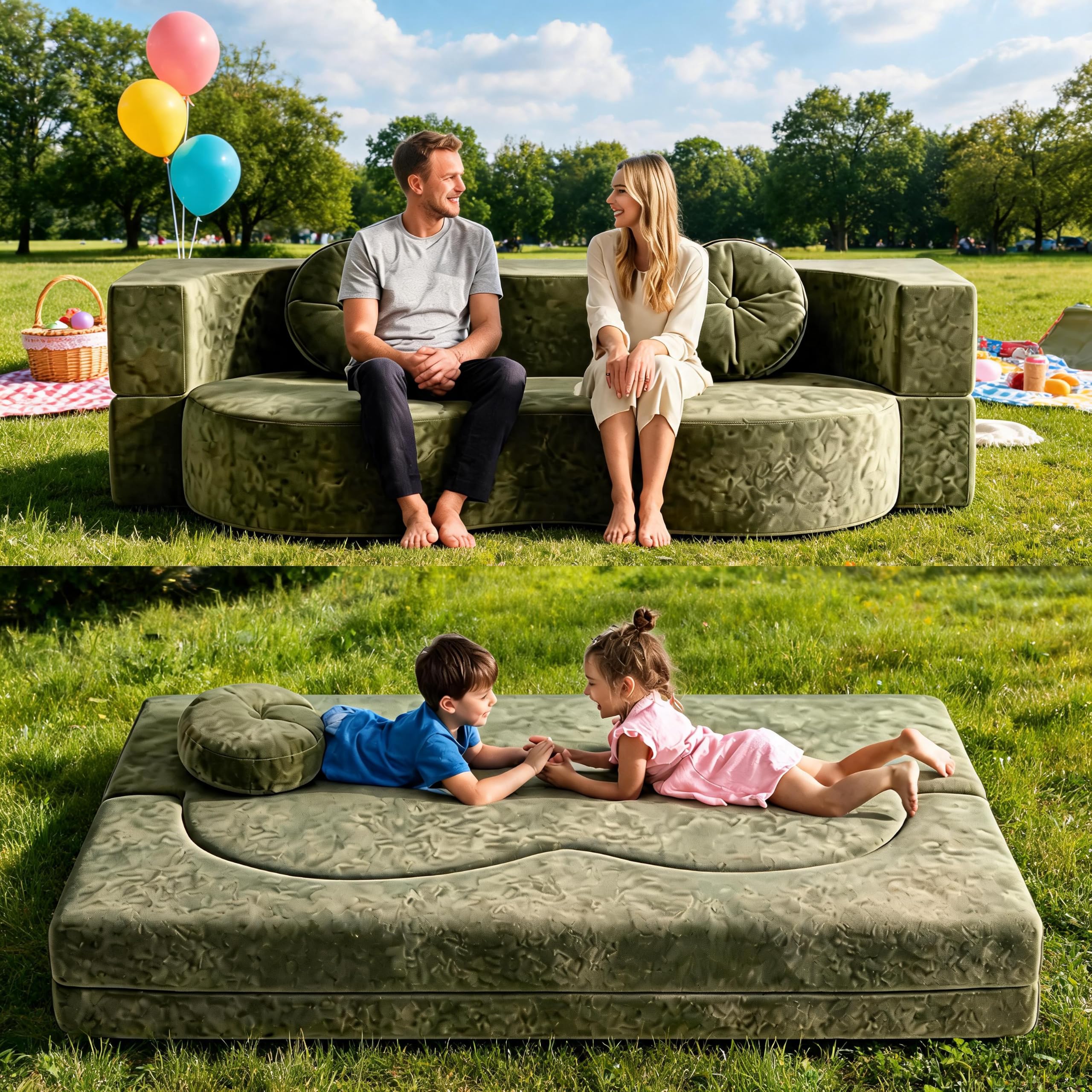 Komprimiertes Sofa ohne Knochen, wandelbar, komprimiertes Sofa, Bett, Memory-Schaum, vakuumverpackt, abnehmbarer Stoffbezug, inklusive 2 Wurfkissen, grün: 200 x 100 cm