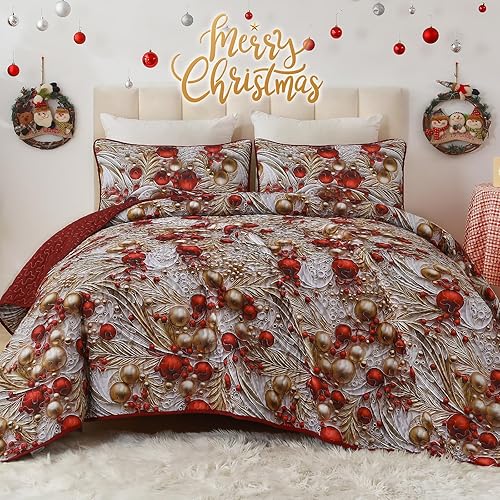Miniatura 6 de Anibedding Juego de edredón de Navidad tamaño Queen, color rojo y dorado noble, juego de ropa de cama de bolas de Navidad para sala de estar y