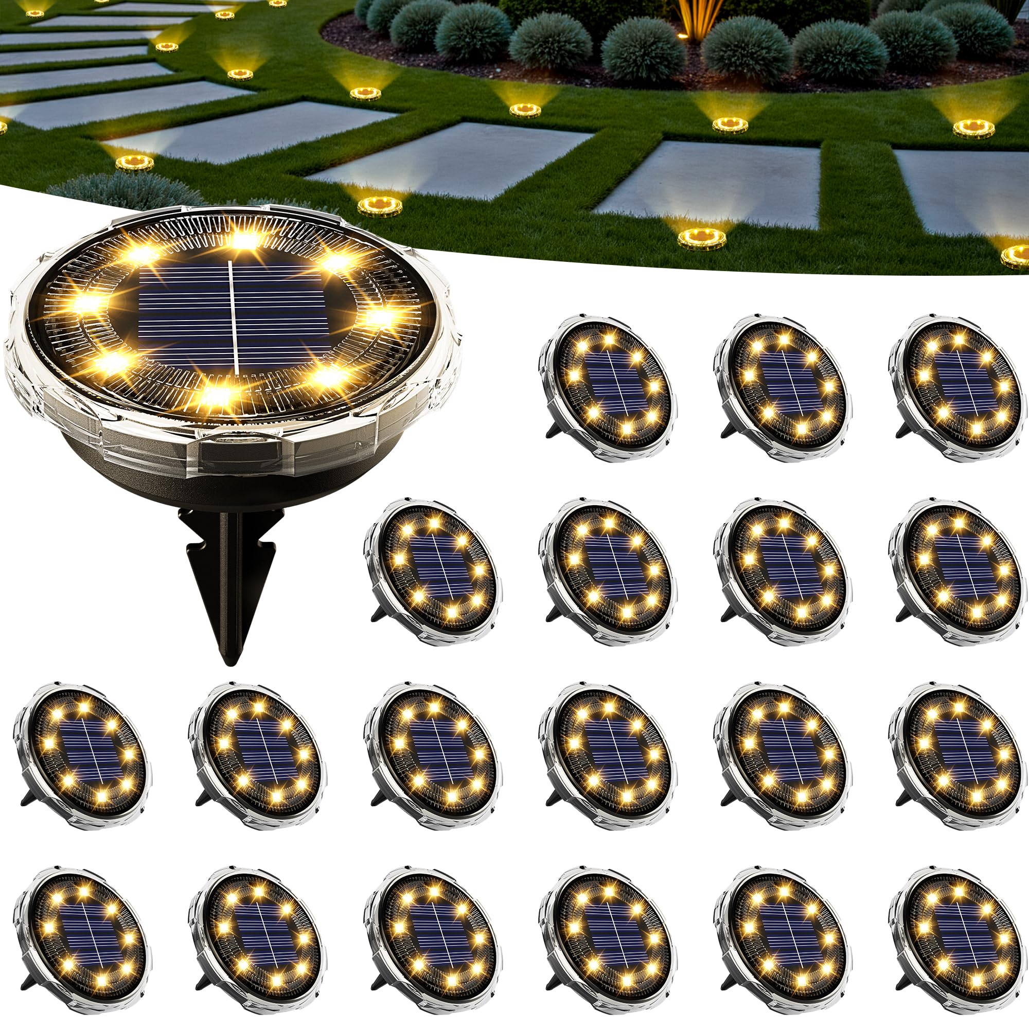 SOLPEX - 20 Pack Solar Ground Lights Outdoor Waterproof Landscape Lighting for Garden, Walkway, Driveway, Patio, Deck, Pool (Warm White)-image-47