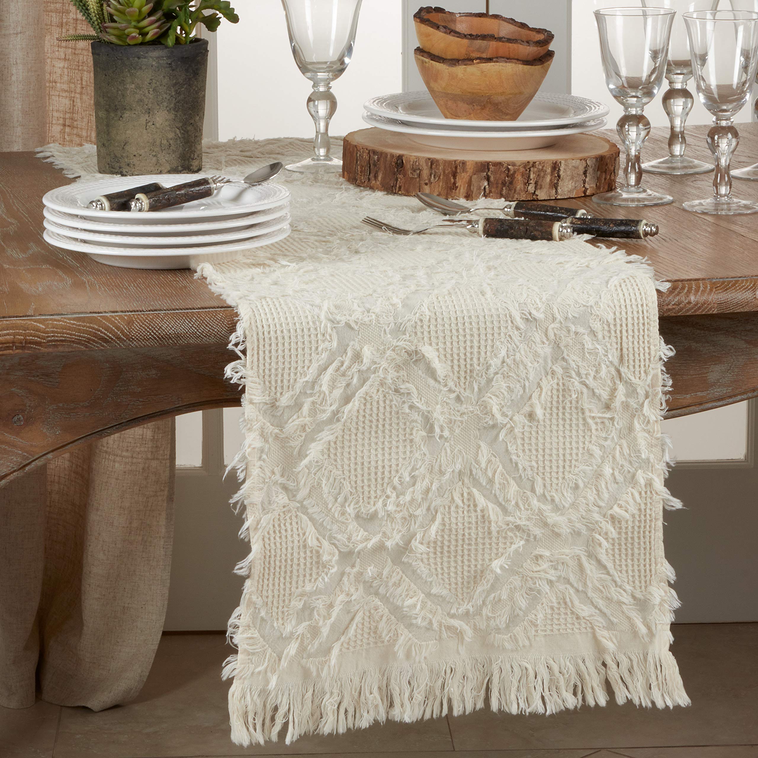 SARO LIFESTYLE Ivoryline Collection - Camino de Mesa de Punto gofre con Flecos, 16 x 90 Pulgadas, Color Marfil