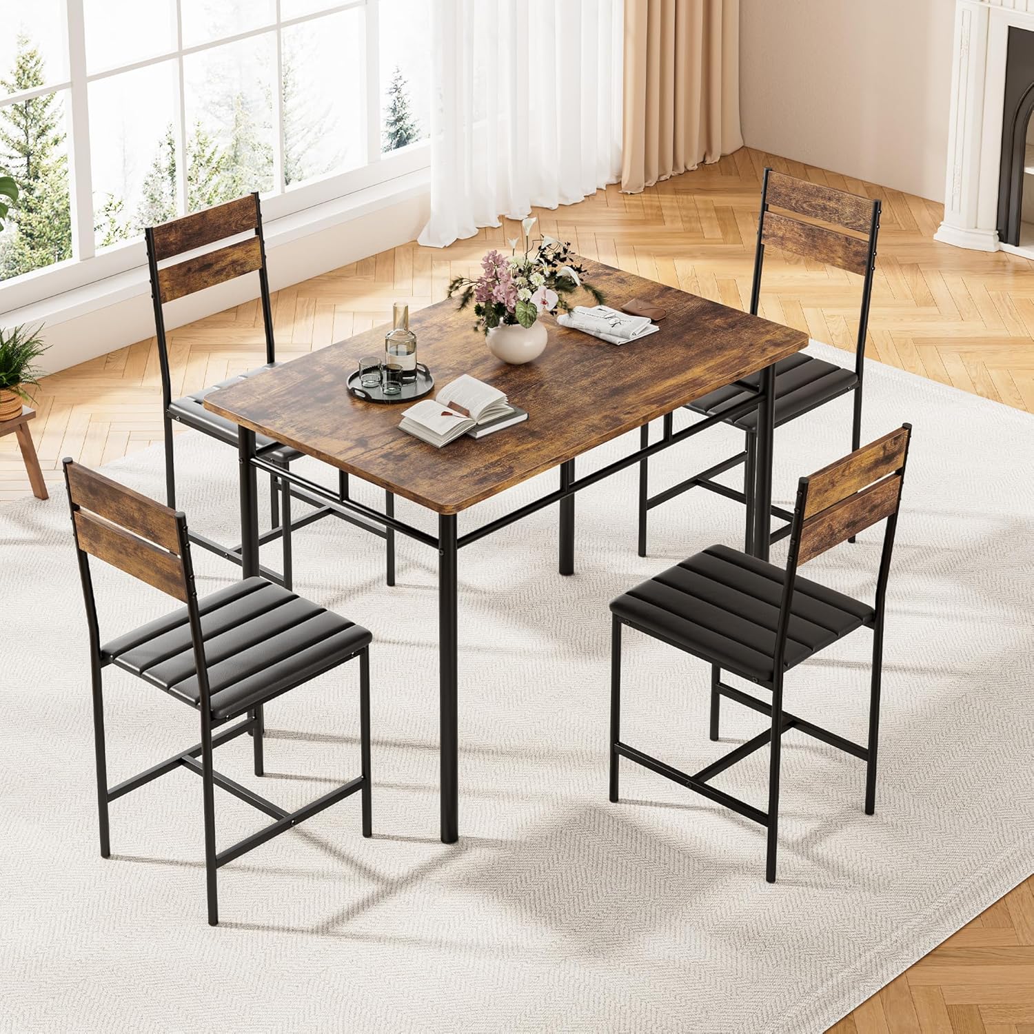 Kitchen Table Chairs Set of 4, 5-Piece Modern Dining Table Set with Upholstered Padded Chairs, Kitchen Table and Chairs for Small Space, Apartment, Rustic Brown