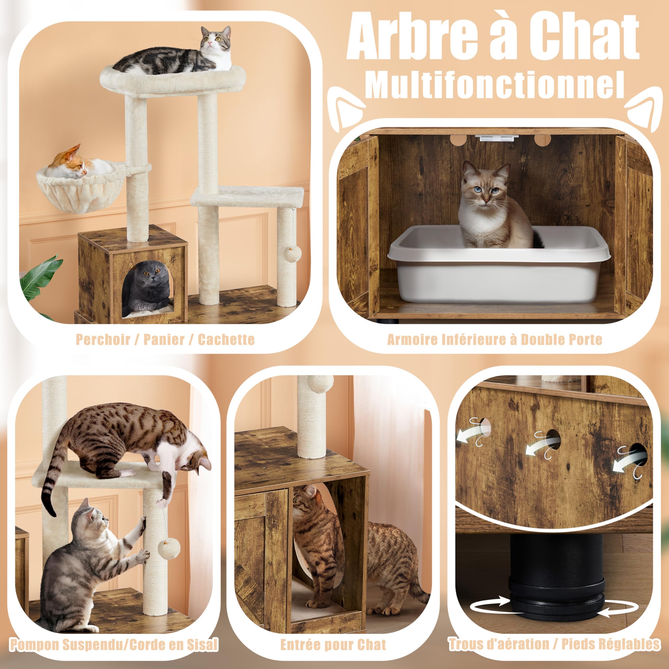 Yaheetech Maison d'intérieur Tout-en-Un avec griffoir, Meuble de litière en Bois pour Chat avec Niche pour Chat, Plate-Forme, Marron Rustique/Beige