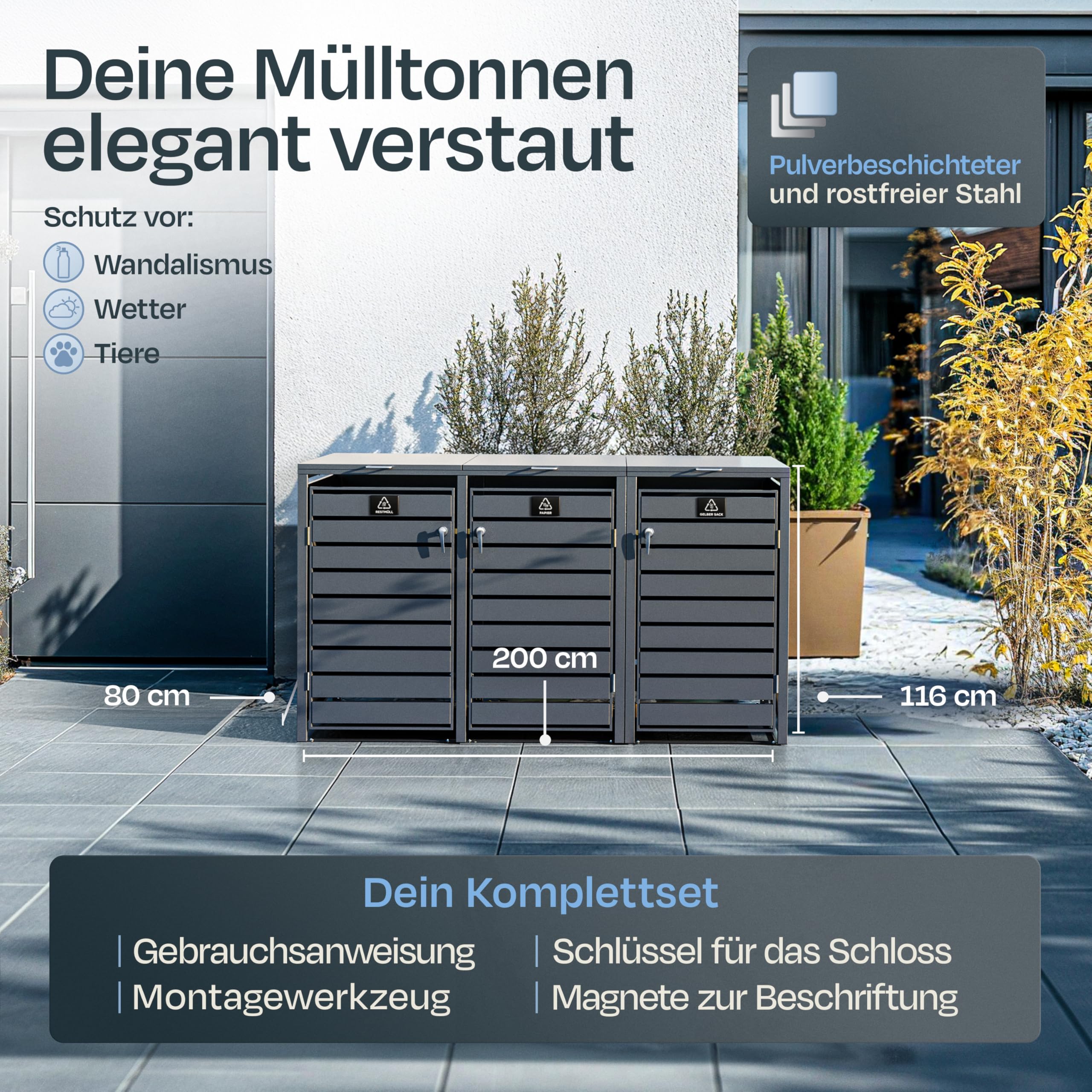 EDELFELD - Wetterfeste Mülltonnenbox für 3 Tonnen [bis 240L] - Abschließbare Mülltonnenverkleidung aus massivem Stahl - 3er Mülltonnenbox mit Soft Close - Inkl. Magnete zur Müllbox Beschriftung