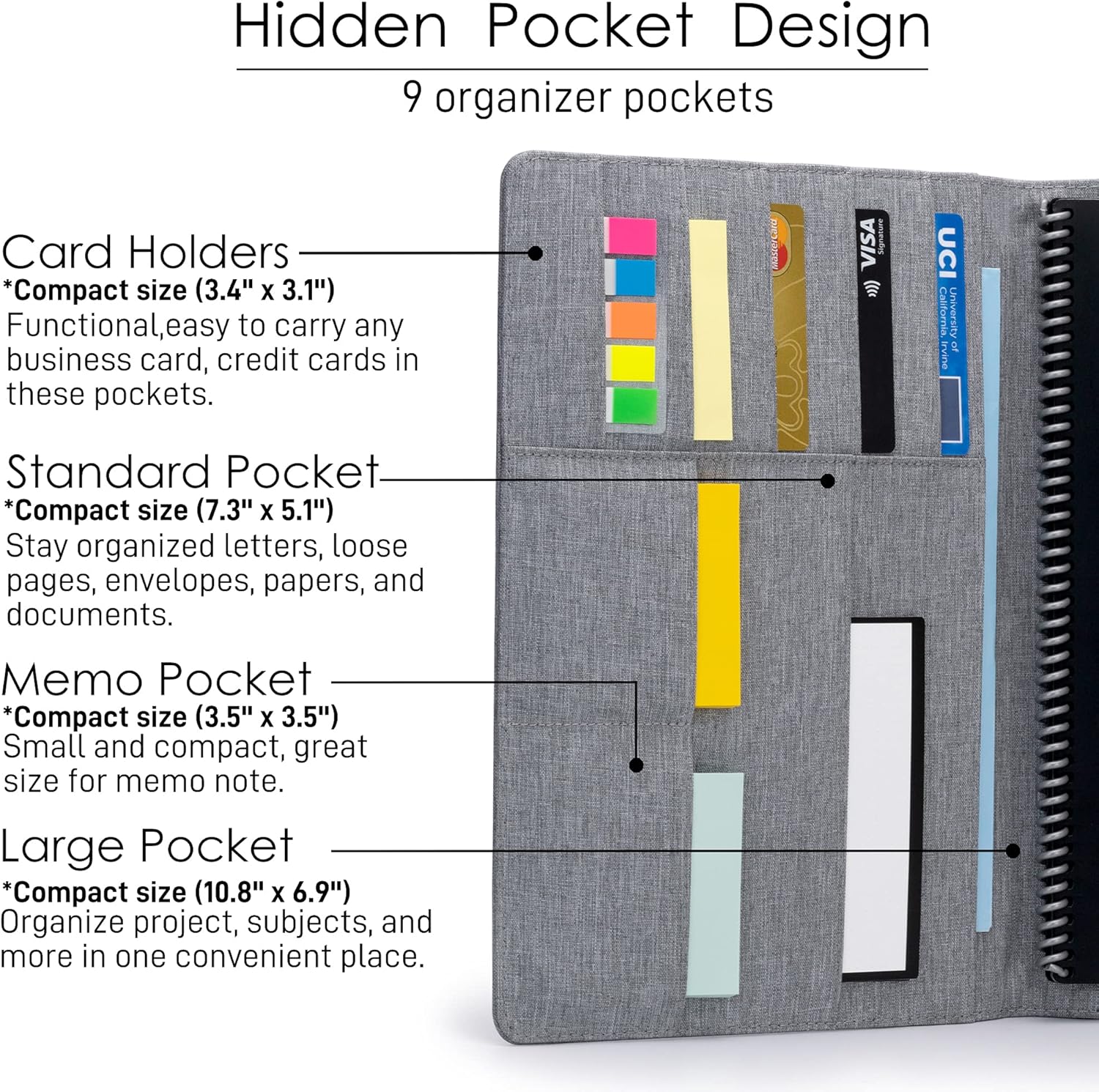 Folio Cover Compatible with Rocketbook Fusion, Panda, Everlast, Waterproof Fabric, Multi Organizer with Pen Loop, Zipper Pocket, Business Card Holder, fits A4 Size Notebook, Gray
