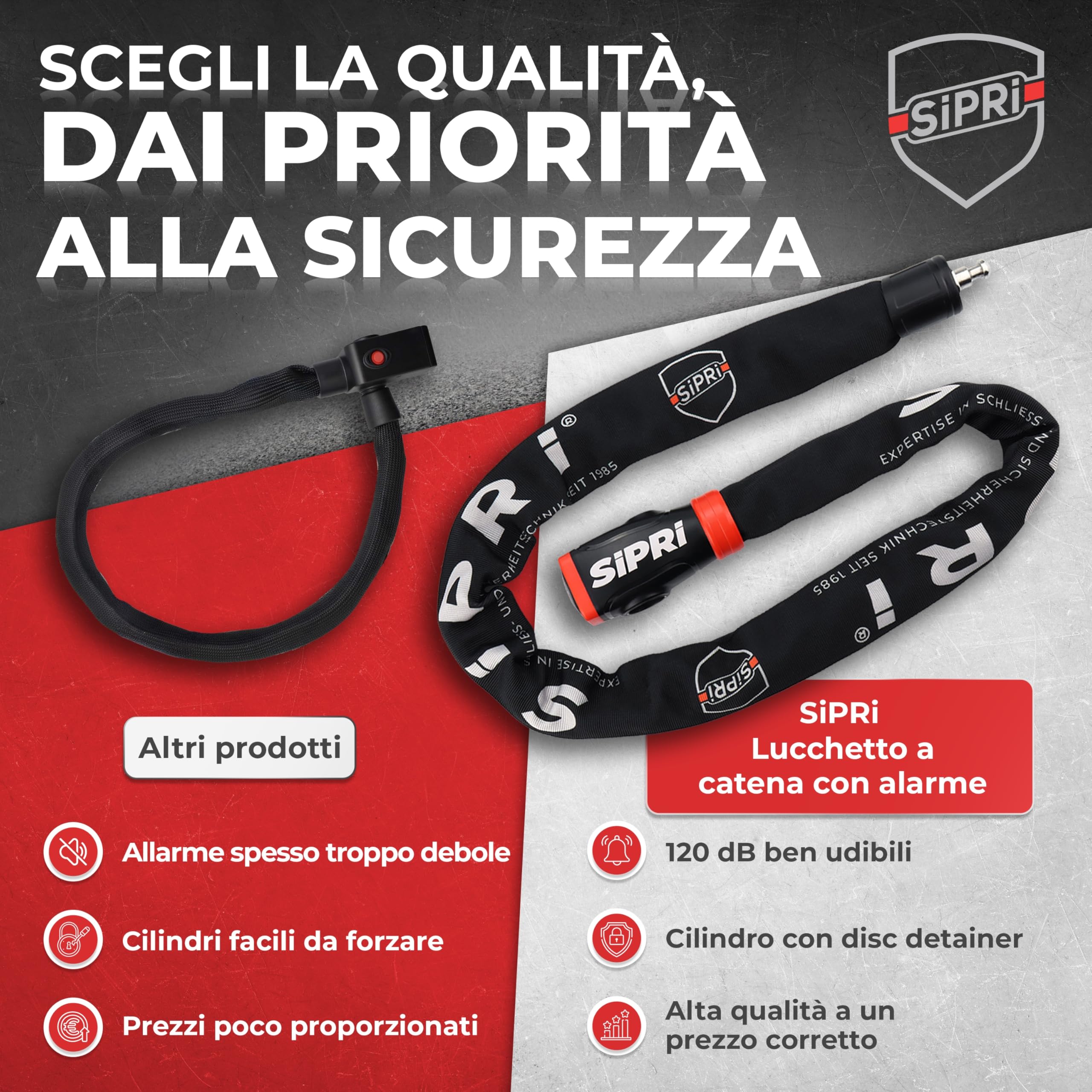 SIPRI Lucchetto per bicicletta con allarme, 120 dB, serratura a catena per bicicletta elettrica, scooter elettrico e moto, in acciaio da 8 mm, resistente alle intemperie, robusto e durevole, con