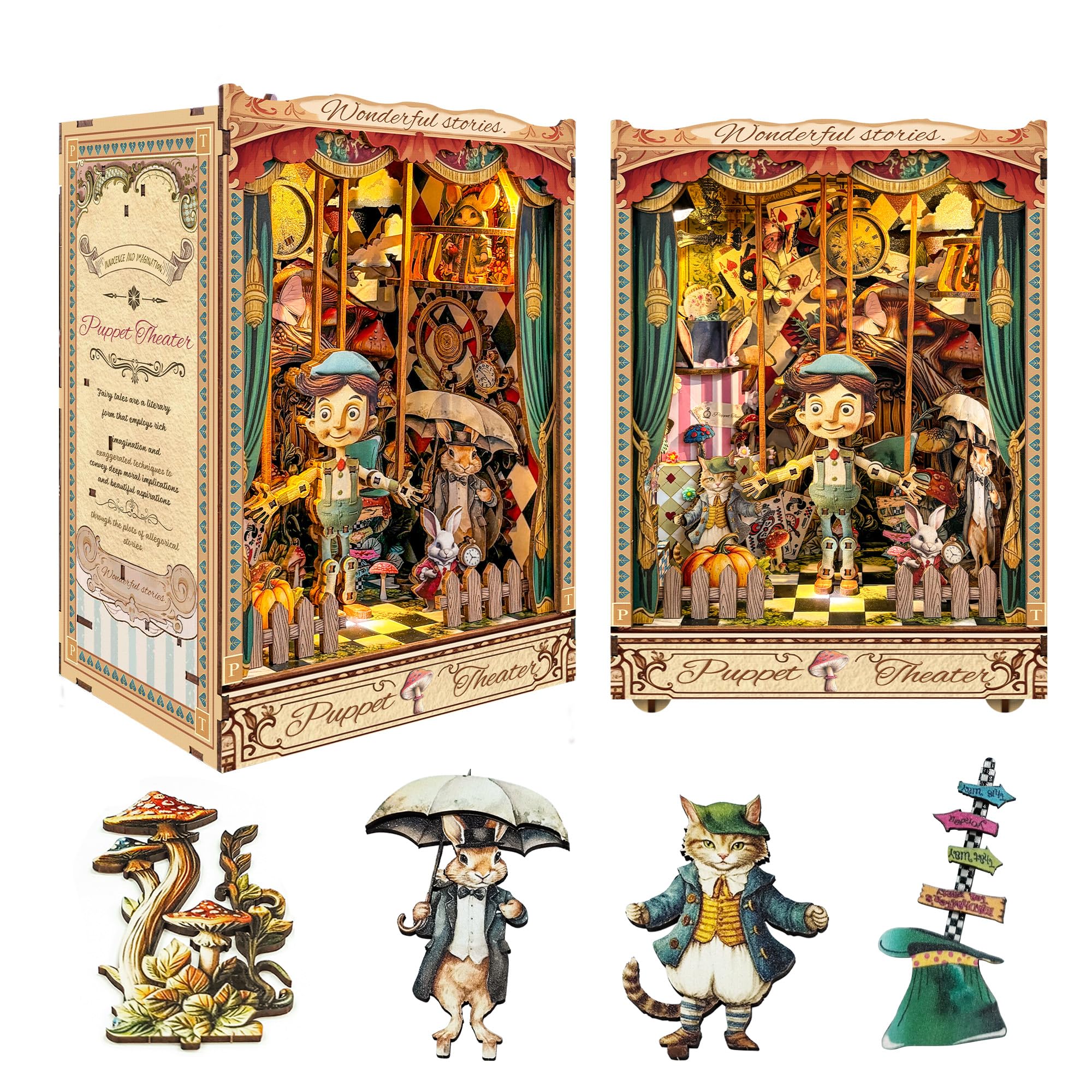 Vaki Vaki [2026 New] Puppet Theater Book Nook Kit with Dust Cover & LED Light, DIY Miniature House Kit Toy, 3D Wooden Puzzle Bookshelf Decor Building