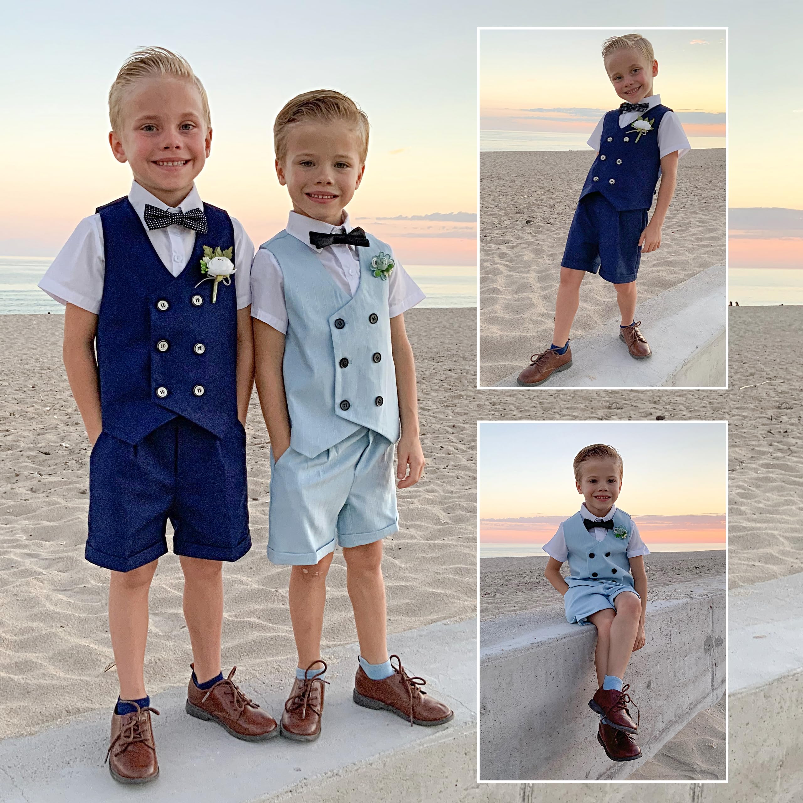 LOLANTA Traje de verano para niños, ropa de vestir para niños, camisa, chaleco, pantalones cortos, pajarita, chaleco, esmoquin, traje de portador de anillos de boda