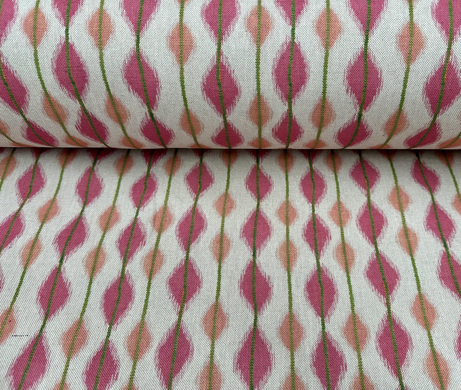 Cojín para tapicería de tela Ikat de mezcla de lino y algodón, color rosa y verde, 284 cm, extra ancho, se vende por metros