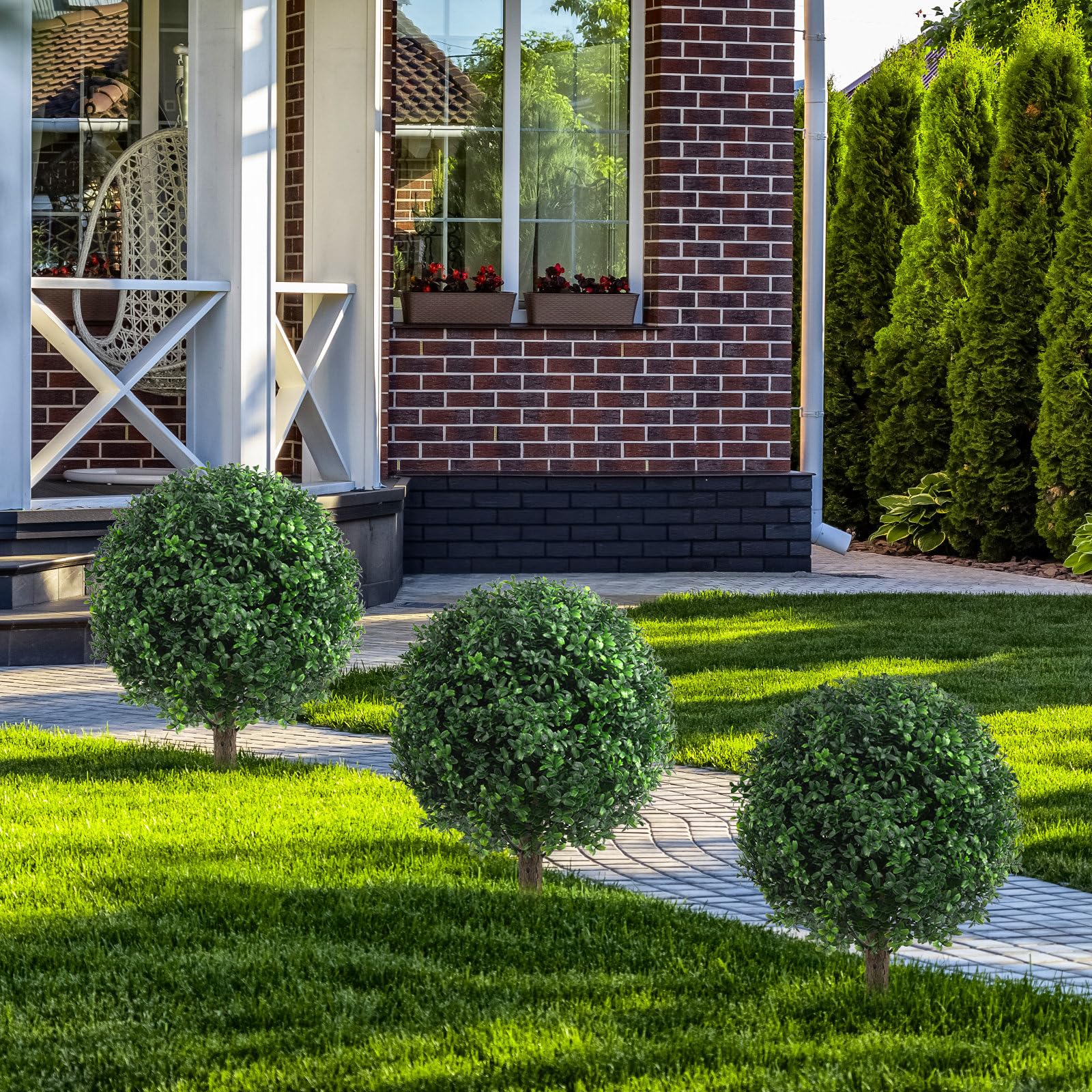 AOKIIE Set di 2 alberi di bosso artificiale per esterni, con picchetto da 55,9 cm, resistenti ai raggi UV, piante di bosso finte, per interni, giardino, cortile, veranda, patio