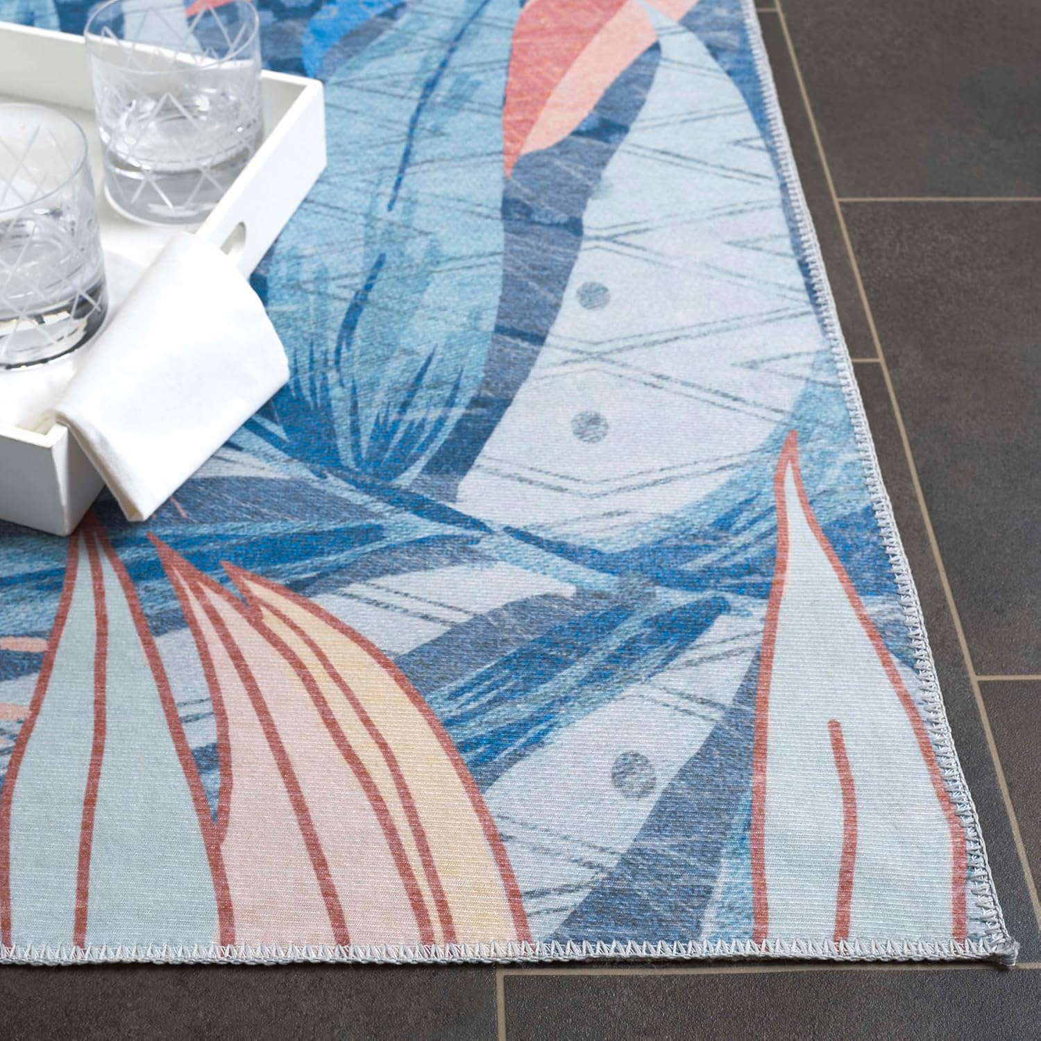 SAFAVIEH Washable Rug Malibu Collection - 2'6" x 8 Runner, Blue & Light Blue, Slip Resistant & Easy Cleaning, Ideal for Living Room, Hallway, Foyer, Nursery, Bedroom, Kids Room (MBU841M)