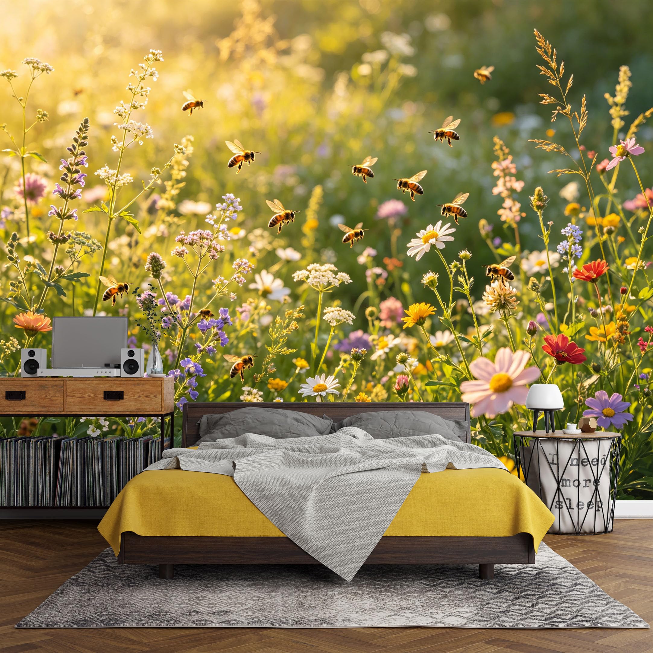 Custom Size Wall Mural， Botanical Wildflower Meadow Bees Sunshine Floral Field，SelfAdhesive Art Prints wall Fabric (No PVC) Removable Wallpaper Living Room Decor