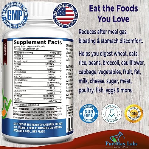 Miniatura 2 de Enzimas digestivas - 18 enzimas a base de plantas - Ayuda a la digestión de alimentos difíciles de digerir incluyendo lactosa, gluten, frijoles,