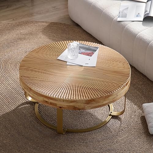 Miniatura 10 de Mesa de centro redonda de empalme retro moderna de 31.29 pulgadas, mesa de madera de abeto con base de patas cruzadas doradas dorado (31.1 in),Negro