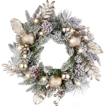 Valery Madelyn 46 cm / 18 Inch Christmas Wreath Door Wreath Front Door Large Christmas Wreath White Gold Advent Wreath with 20 Lighting Pine Cones Christmas Baubles for Christmas Decoration Festivals Advent