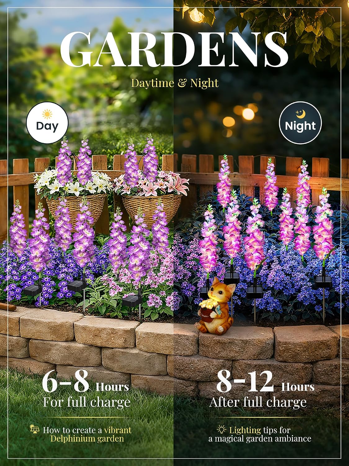 GIGALUMI 3 Pack Solar Delphinium Flowers Outdoor, 2 Modes, Purple image 4