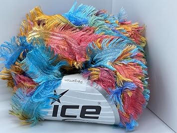 Pergamon - Wide Feather Short Eyelash Edged Ribbon Yarn - 50 Gram, 54 Yards, Blues, Red, Orange, Green +
