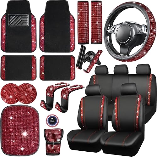 Miniatura 10 de CAR PASS Juego de 23 piezas de accesorios de automóvil brillantes para mujer, fundas de asiento de automóvil de cuero, juego completo de diamantes
