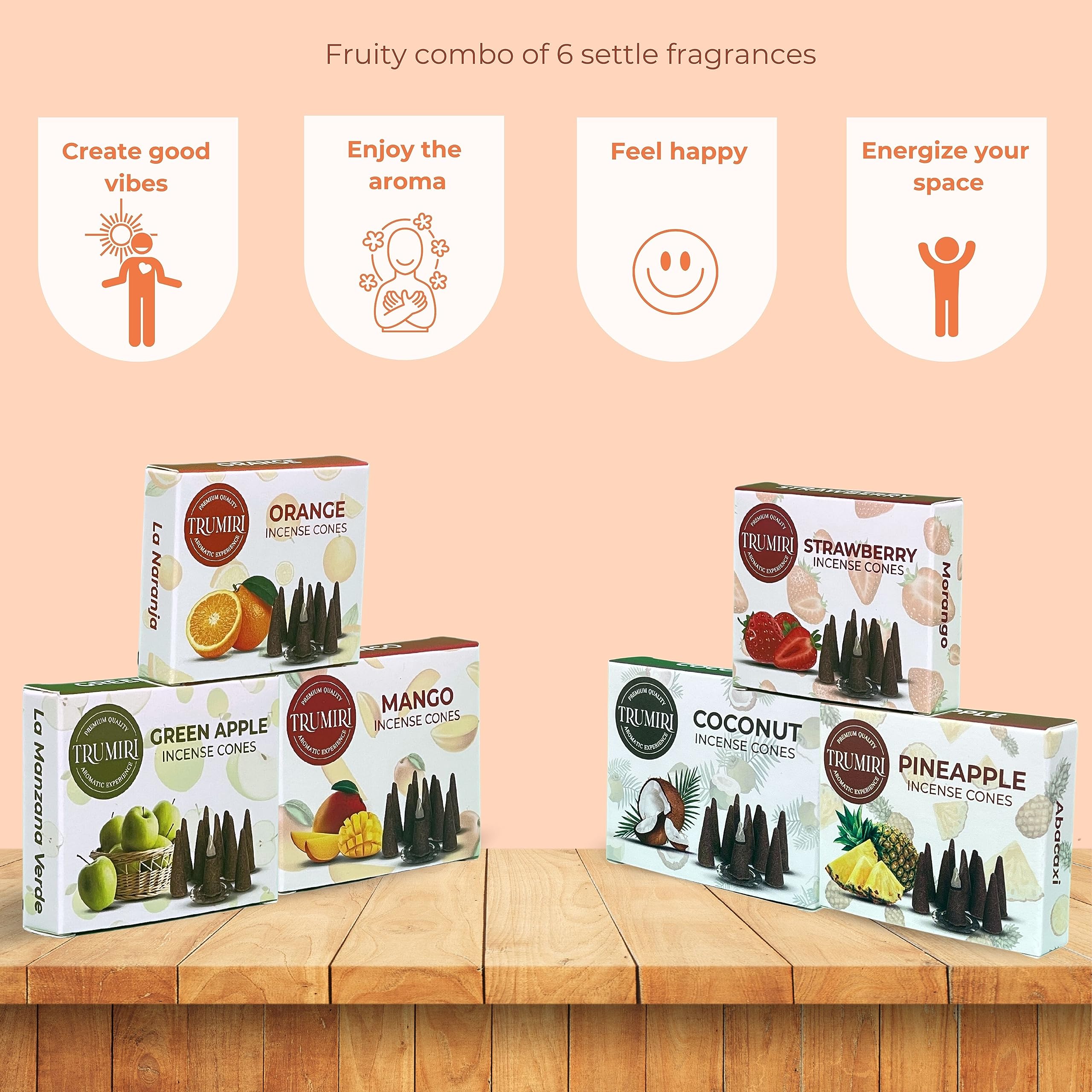 Trumiri Coni di incenso fruttati – Confezione assortita – Totale 60 coni di incenso (6 profumi x 10 coni – fragola, cocco, ananas, mela, mango, arancia) – coni di incenso – coni di incenso – coni di