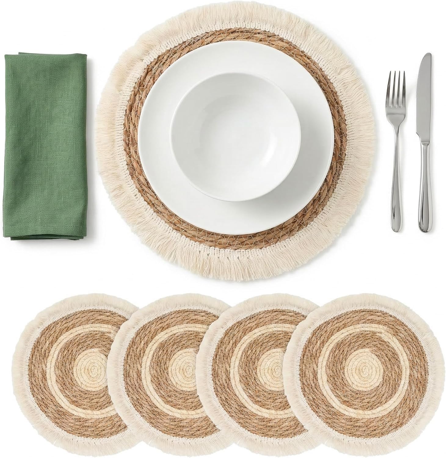 13.5" Round Woven Placemats Set of 4, Double-Strand Bulrush & Fringe Wicker Charger Plates, Rattan Boho Macrame Dining & Wedding Decor