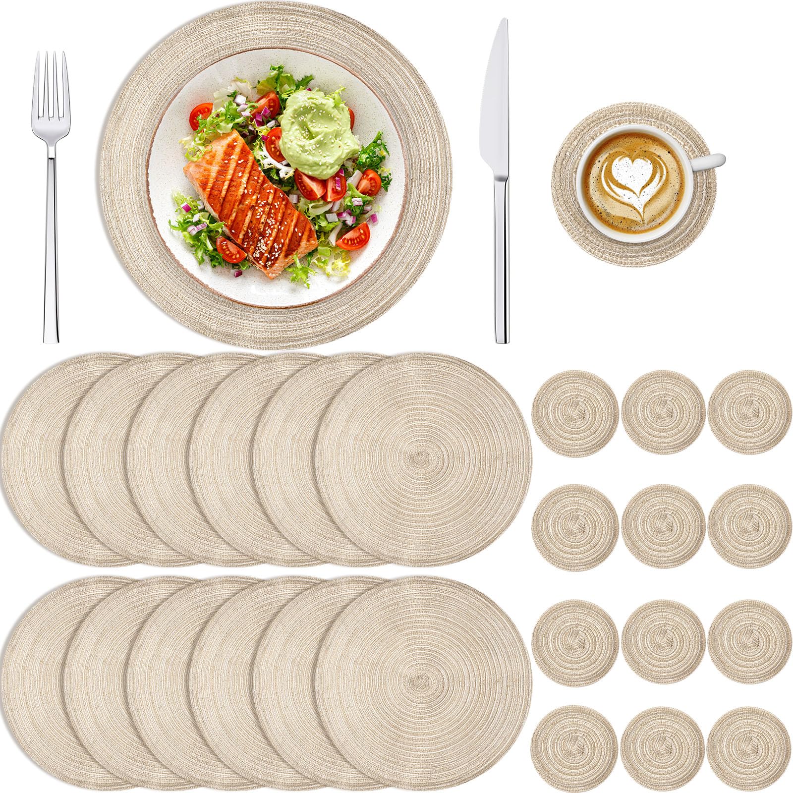 Thenshop24 Pcs Woven Round Placemats and Rattan Coasters Set 12 Pcs 15 Inch Dining Table Mats 12 Pcs 4 Inch Coasters Non Slip Washable Heat Resistant Farmhouse Boho Place Mat(Ivory White)