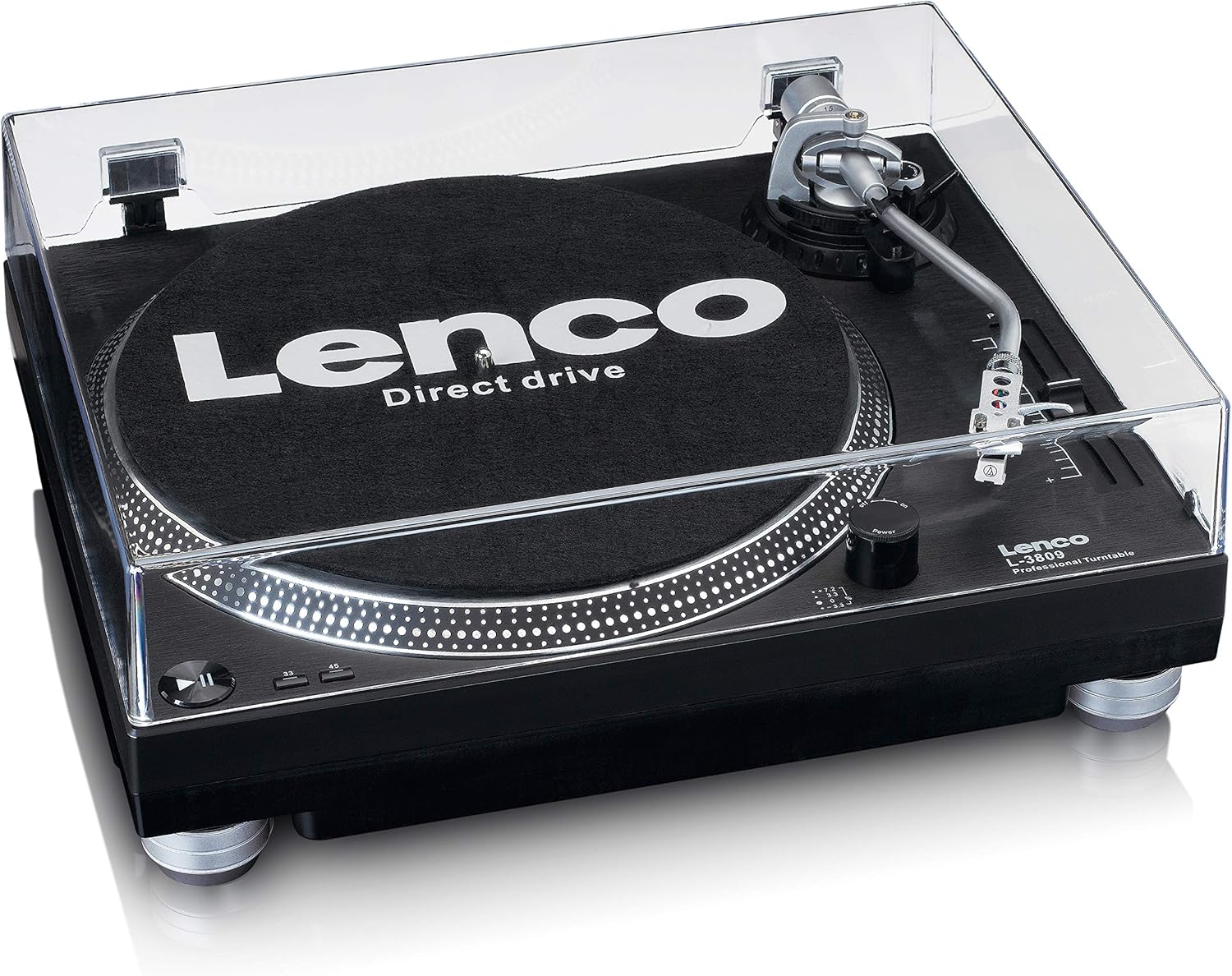 Lenco L-3809 Turntable with dust cover closed, showcasing അതിന്റെ മിനുസമാർന്ന കറുത്ത ഡിസൈൻ.
