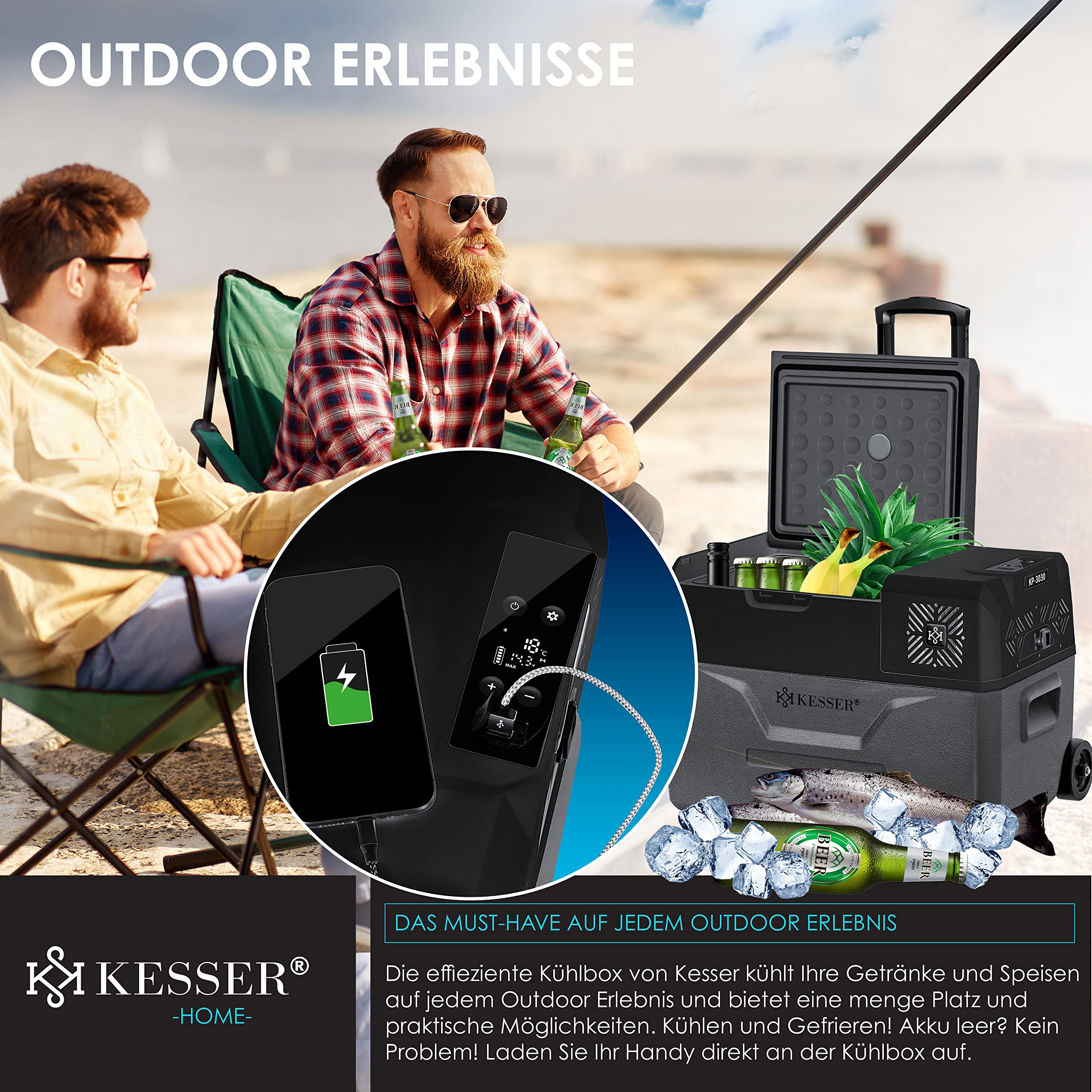 KESSER® Frigobar a compressore 30 litri Frigocongelatore Elettrico con Controllo Tramite App Connessione USB 12/24 V 230 V + Ruote telescopiche Frigorifero Raffreddamento Fino a -20 °C per Auto