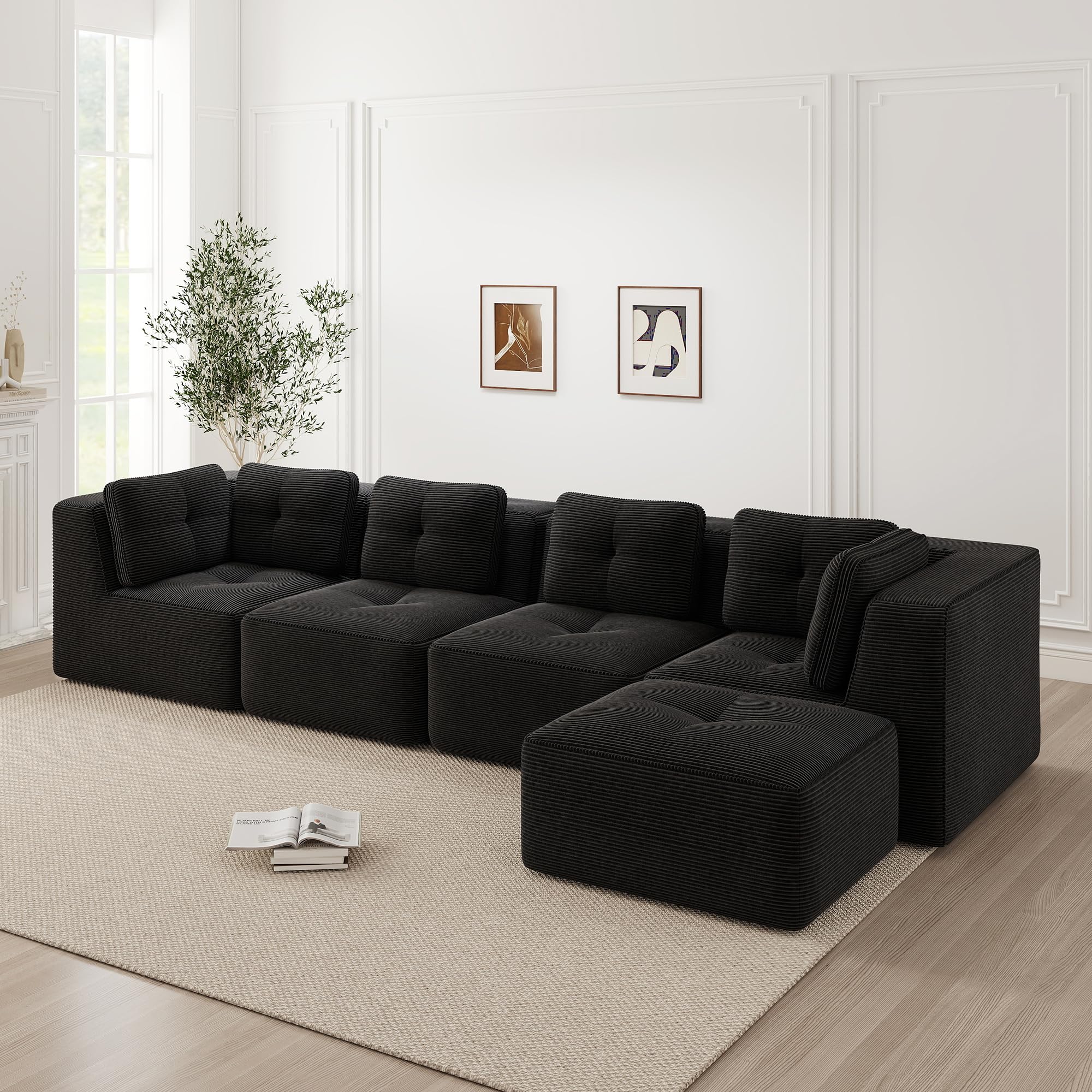 Divano da soggiorno modulare senza struttura, comodo 4 posti, seduta profonda, cuscino morbido, rivestimento in velluto a coste, non richiede montaggio, antiscivolo, nero