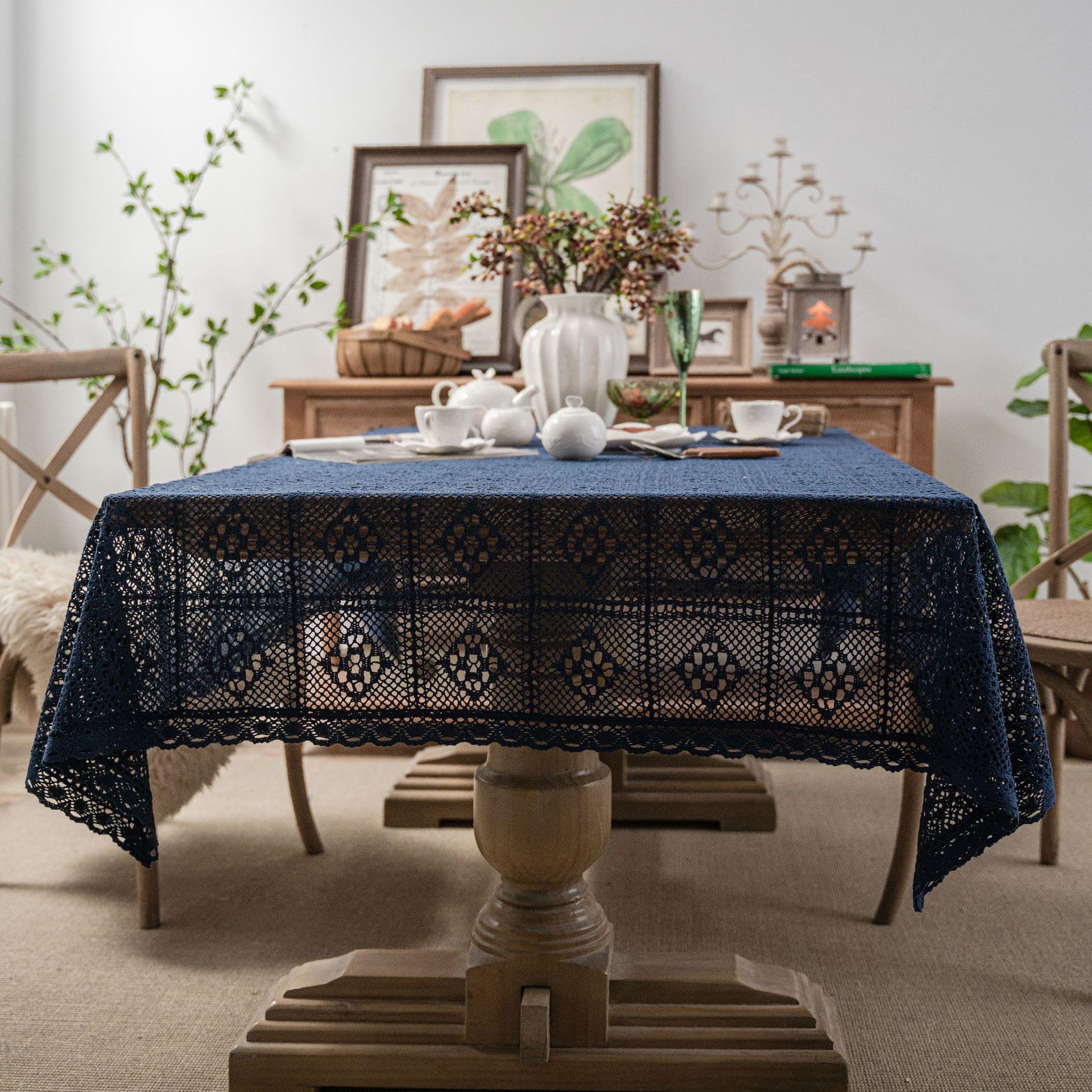 Plancholo Dark Blue Vintage Handmade Crochet Diamond Tablecloth Decorative Macrame Lace Table Cover For Kitchen Dinning Tabletop Decoration (, Rectangle/Oblong, 55X87 Inch)