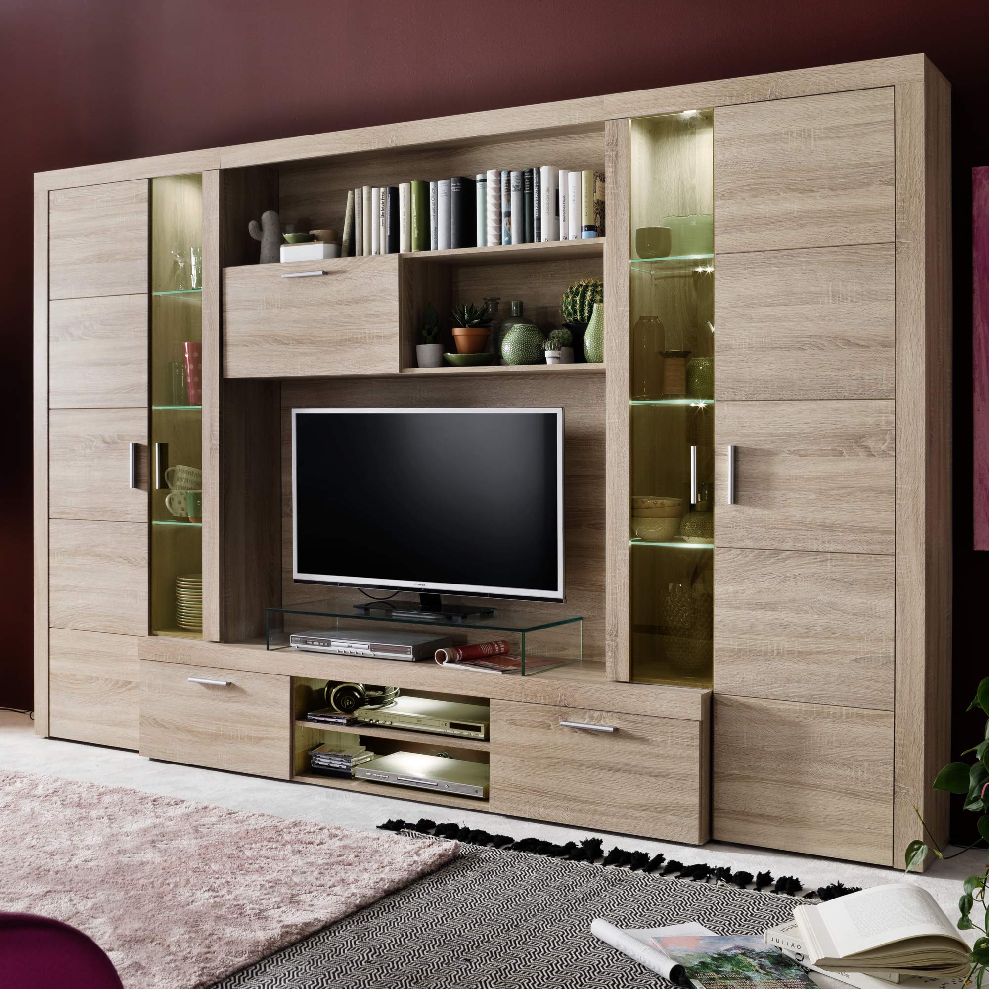 trendteam smart living - Mondeo - Wohnwand - Eiche - Anbauwand mit 4 Türen, 5 offenen Fächern, 3 Klappen und 7 Einlegeböden - (BxHxT) 291 x 197 x 41 cm -viel Stauraum für Ordnung.