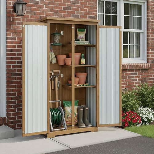 Miniatura 3 de Gabinete de almacenamiento al aire libre impermeable con estantes, pequeño cobertizo de almacenamiento, gabinete de almacenamiento vertical alto