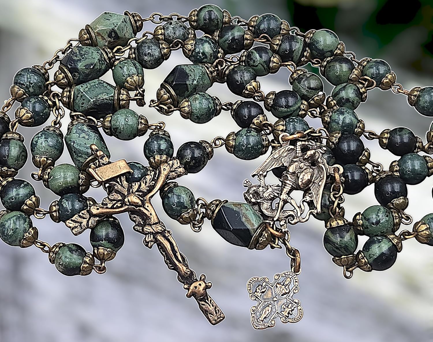 Bless And Heal Me Archangel Michael &St Christopher Heirloom Solid Bronze Rosary with Green Kambaba Jasper