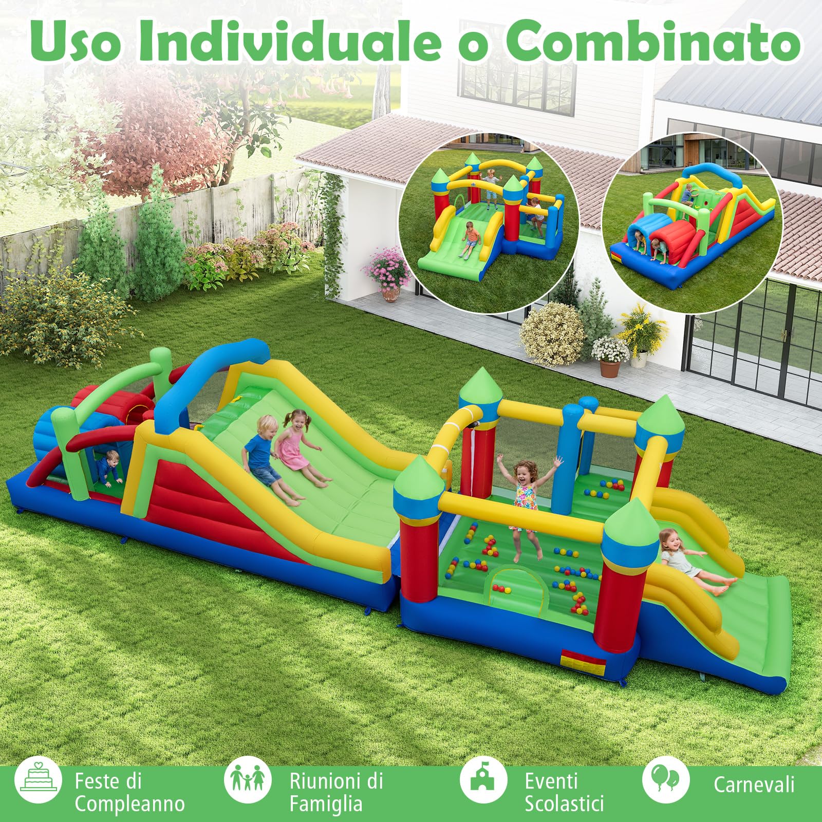 COSTWAY Castello Gonfiabile per Bambini, Parco Giochi Gonfiabile con Scivolo Lungo e Trampolino, Pali Ostacolo, Parete Arrampicata e Palline Oceaniche, per Bambini 3-12 Anni (Con Soffiatore)