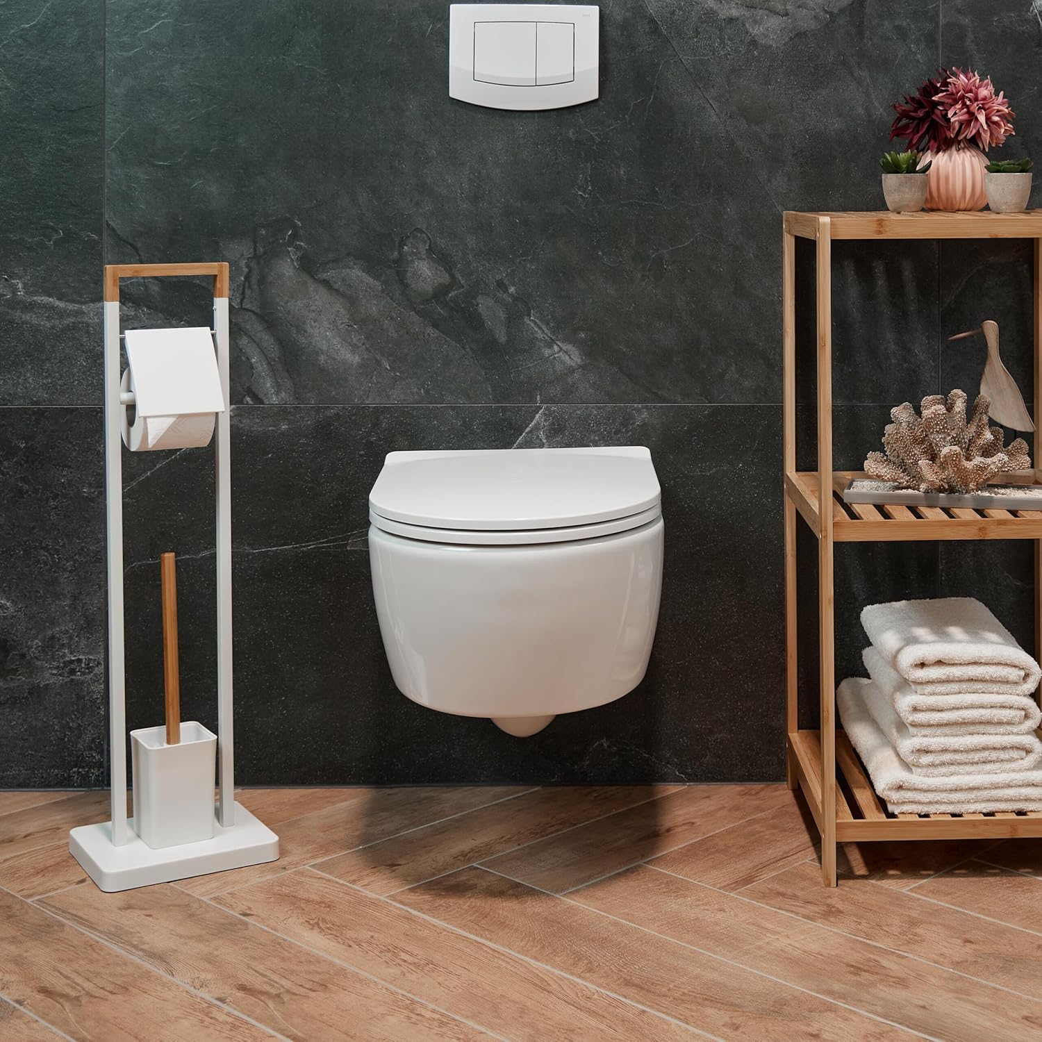 Relaxdays WC Set, White/Natural, 77 x 23 x 18 cm