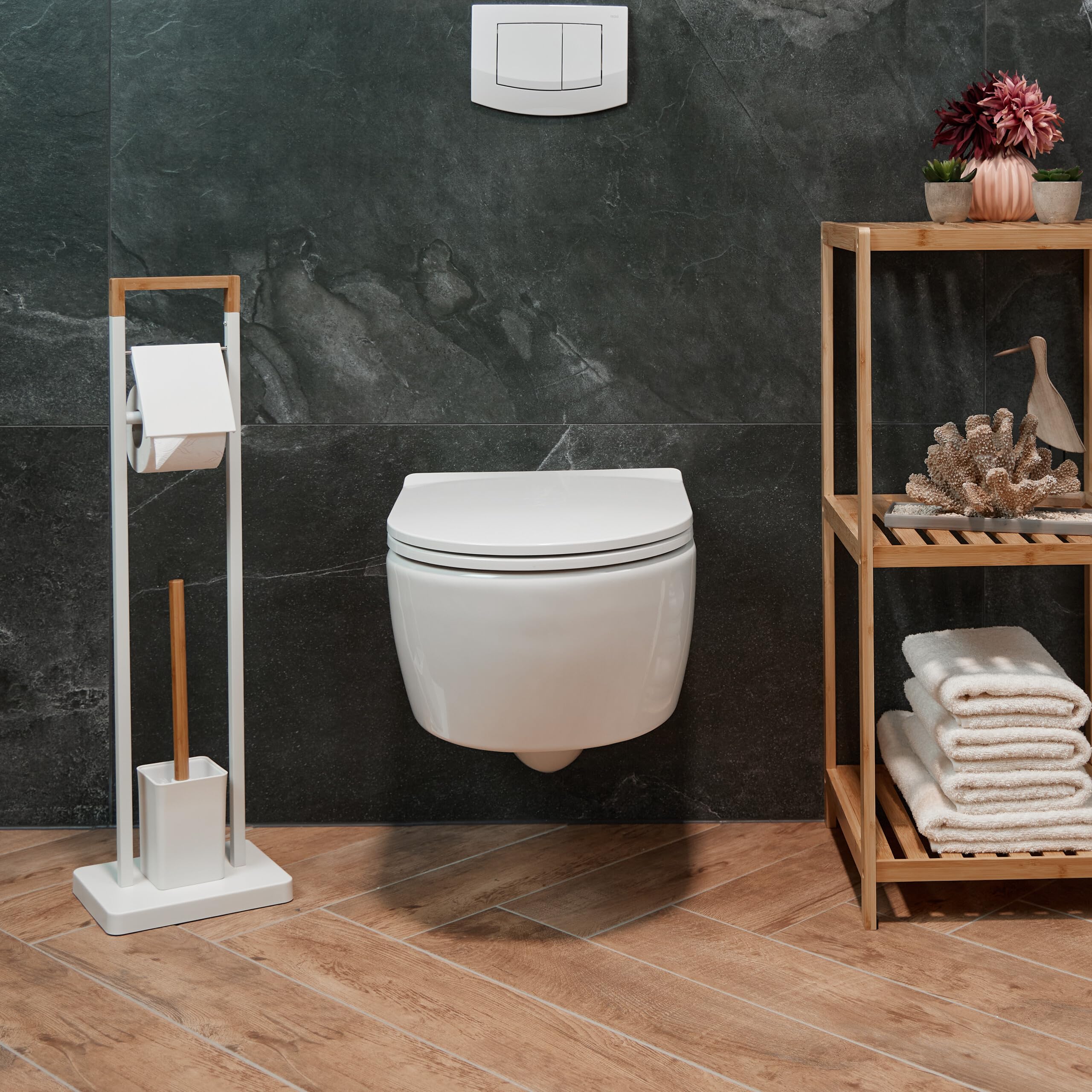 Relaxdays Escobillero con Portarrollos de Baño y WC, Bambú y Acero Inoxidable, Escobilla con Recipiente, Blanco/Natural