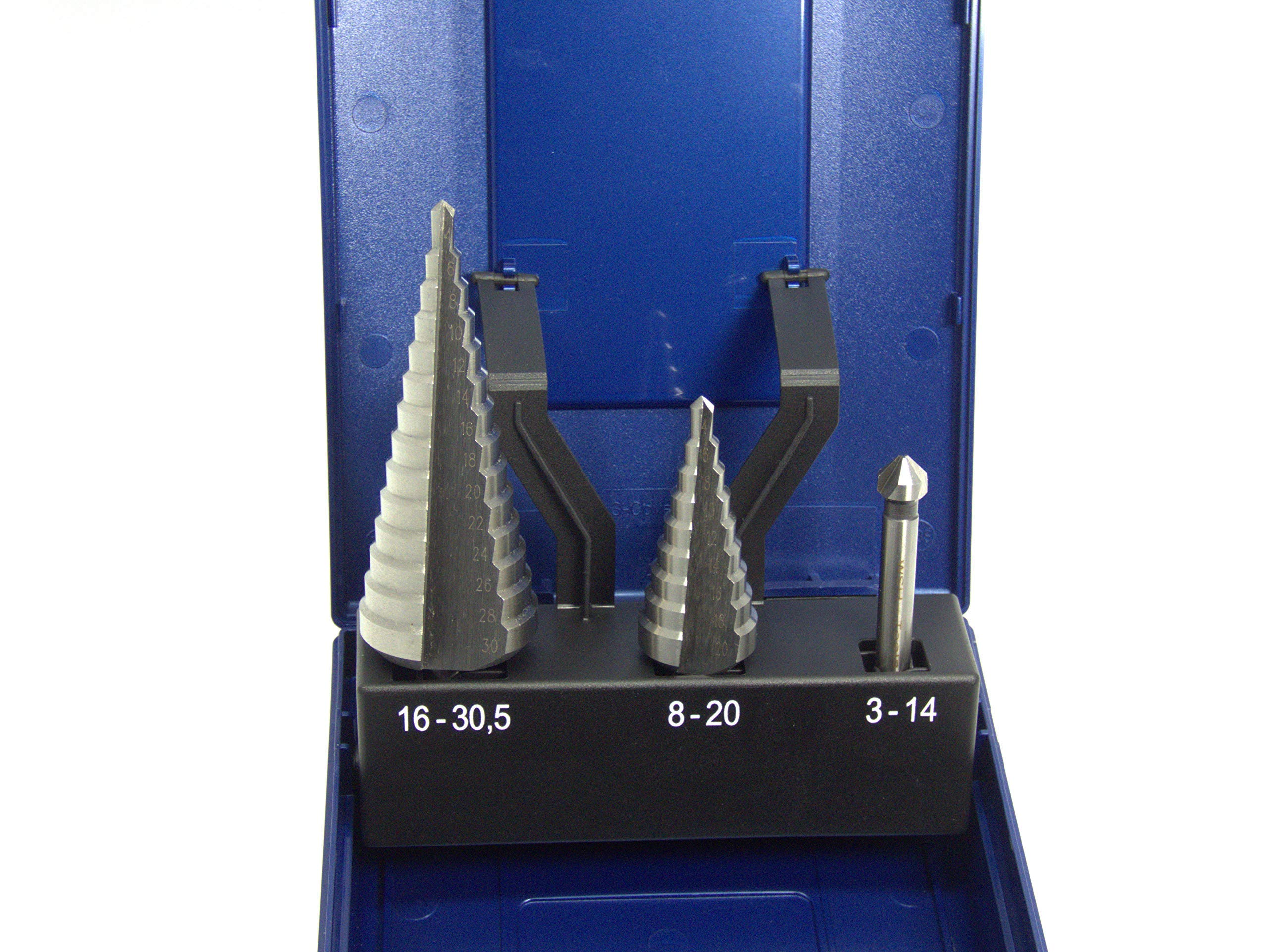 Set di 3 punte a gradini HSS-G, con rivestimento in TiAlN, 6-30 mm + 6-20 mm, con svasatore conico da 8,3 mm, in scatola Rosebox