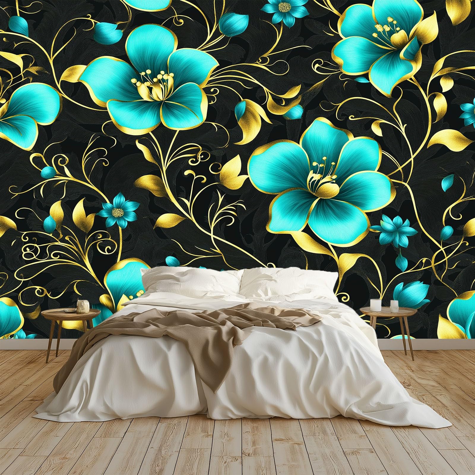 350 x 256 cm, fototapeta z włókniny, na wymiar, rośliny, kwiaty, złote pnącze, czarna, fotorealistyczny, druk HD, tapeta na fizelinie, tapeta z motywem, dekoracja ścienna, tapeta ścienna, dekoracja