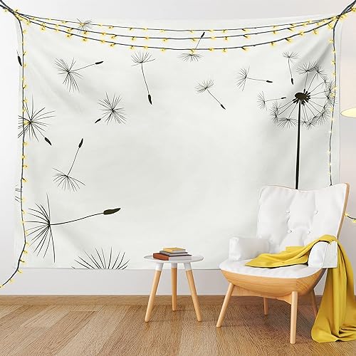 Lunarable Tapiz de diente de león tamaño King, soplando en el viento sobre fondo blanco hueso, tema de polinización de primavera, colcha colgante de