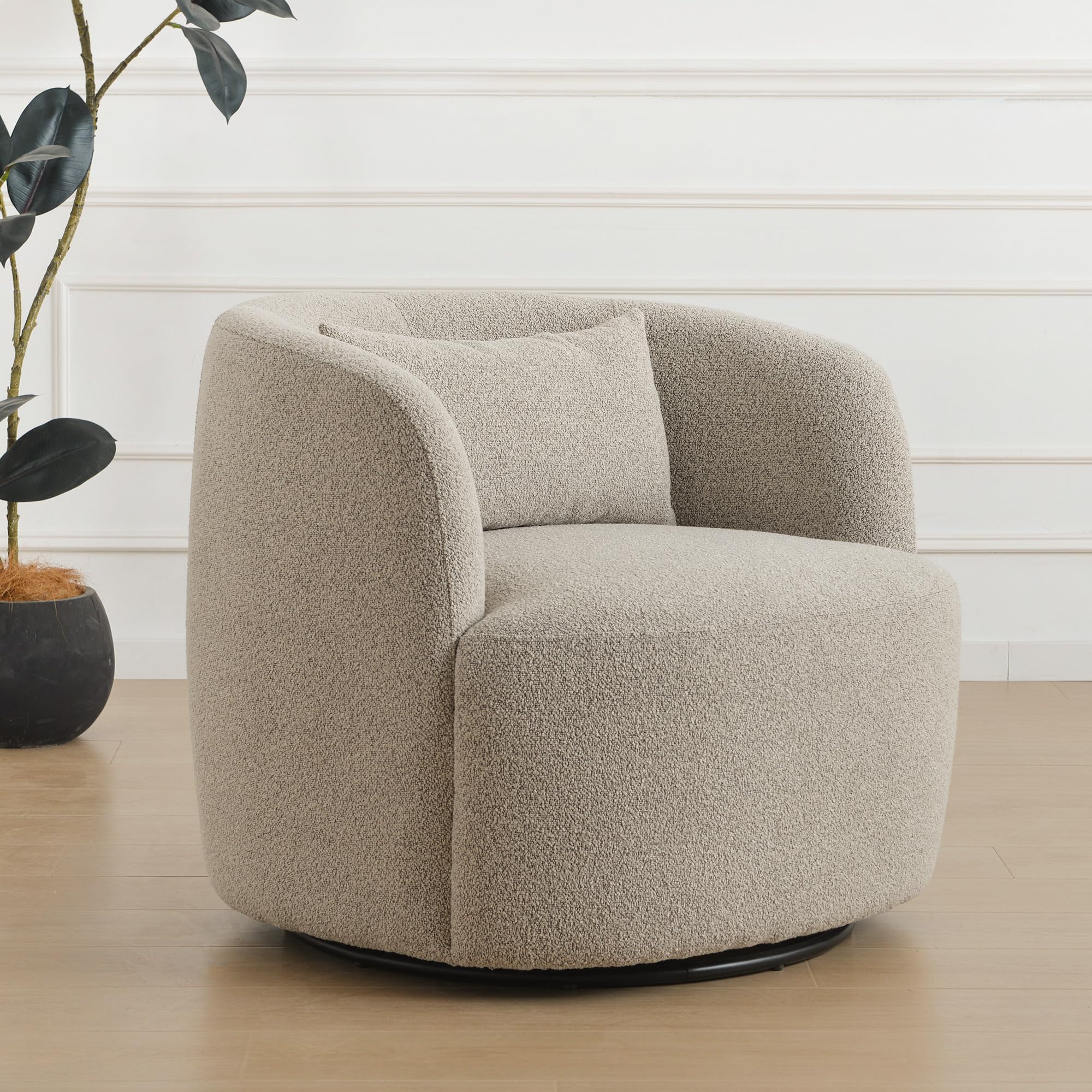 32in Wide Sherpa Swivel Barrel Chair, No Assembly Round Boucle Upholstered Accent Chair Armchair Single Sofa Chair with Toss Pillow for Living Room and Bedroom, Taupe