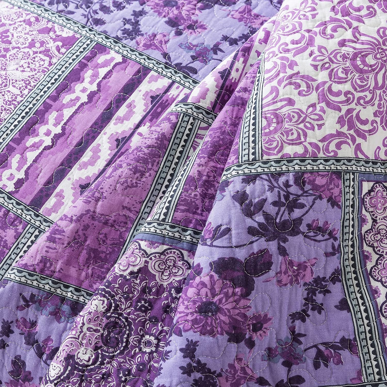 NEWLAKE Cotton Bedspread Quilt Sets-Reversible Patchwork Coverlet Set, Purple Classic Bohemian Pattern,Queen Size - Image 8